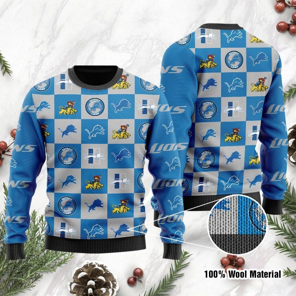 Detroit Lions Logo Checkered Flannel Design Ugly Christmas Sweater