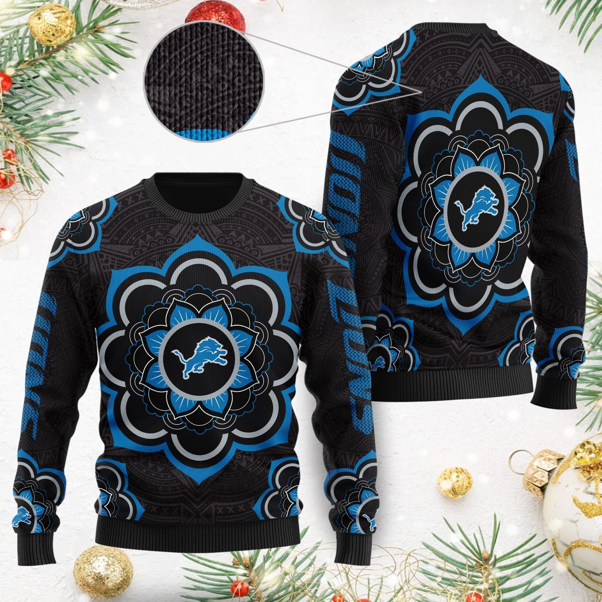 Detroit Lions Mandala Logo Ugly Christmas Sweater NFL Football Fans On Xmas