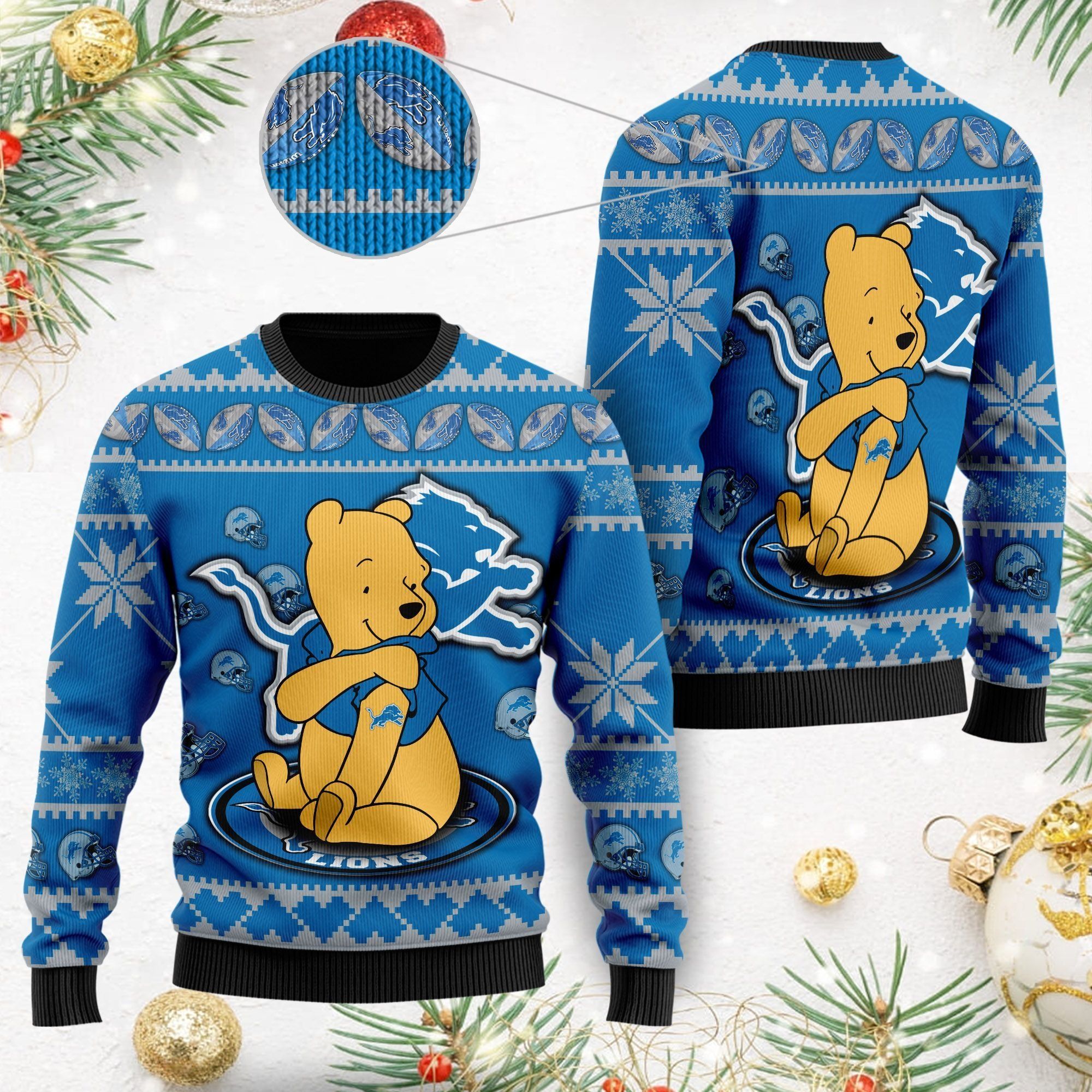 Detroit Lions NFL American Football Team Logo Cute Winnie The Pooh Bear 3D Ugly Christmas Sweater