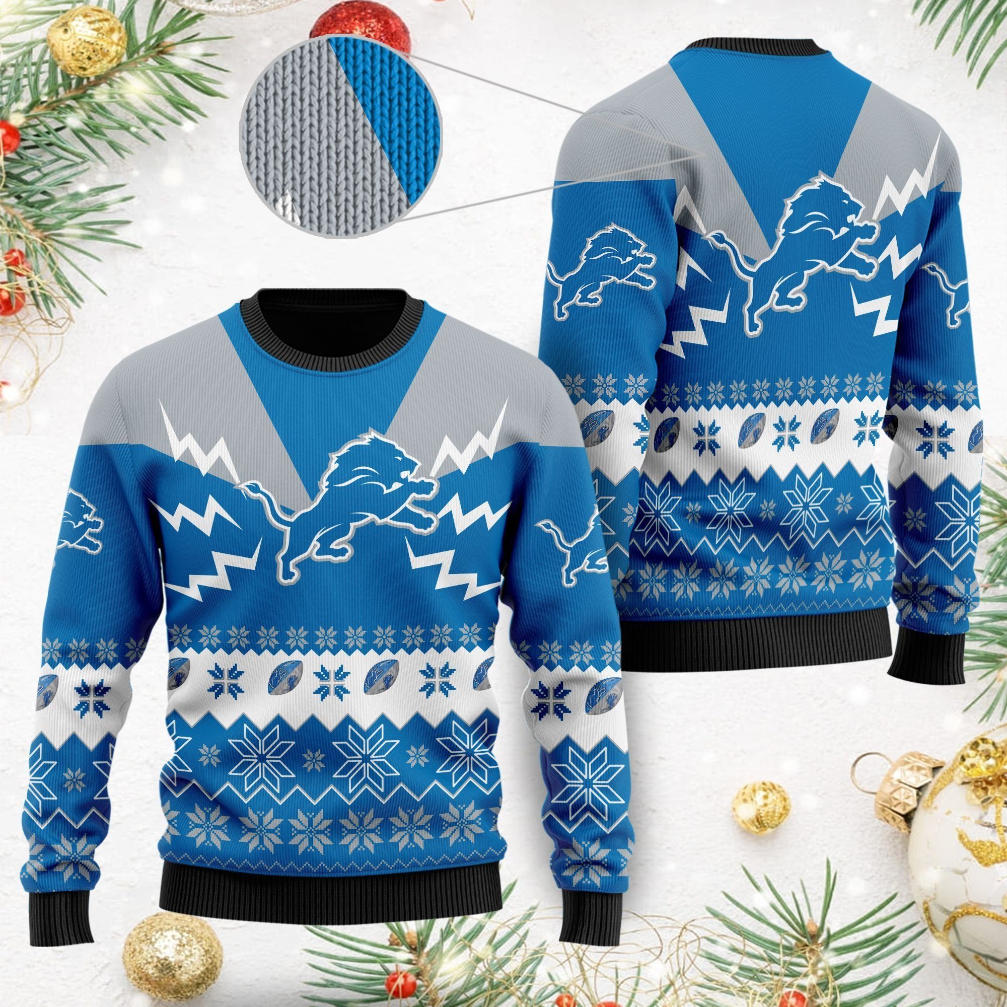 Detroit Lions NFL Football Team Logo Symbol 3D Ugly Christmas Sweater