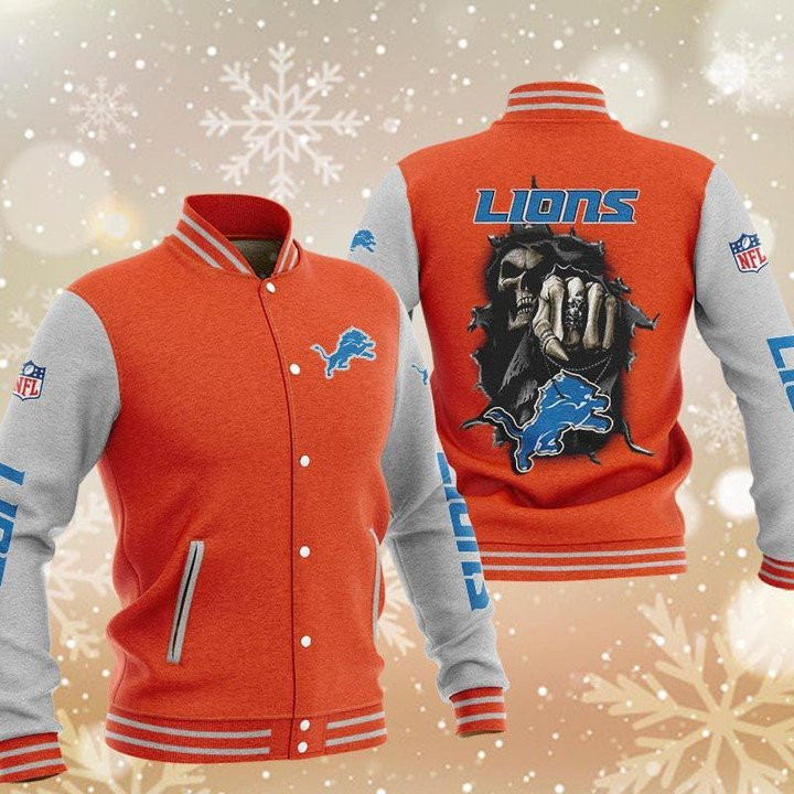 Detroit Lions Orange Skull Varsity Baseball Jacket for Men & Women | NFL Team Fan Gift