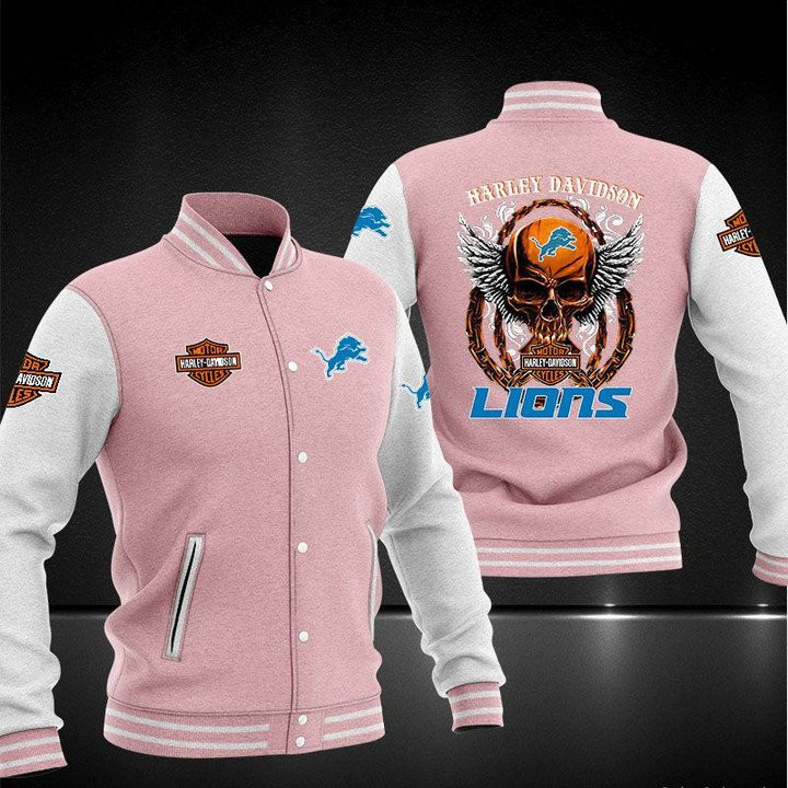 Detroit Lions Pink Skull Varsity Baseball Jacket for Men & Women | NFL Team Fan Gift