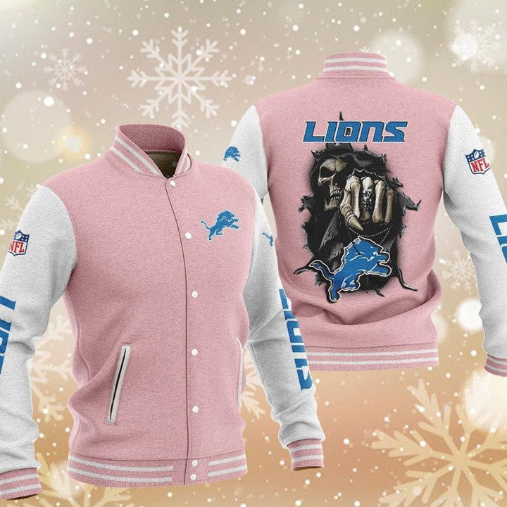 Detroit Lions Pink Skull Varsity Baseball Jacket for Men & Women | NFL Team Fan Gift
