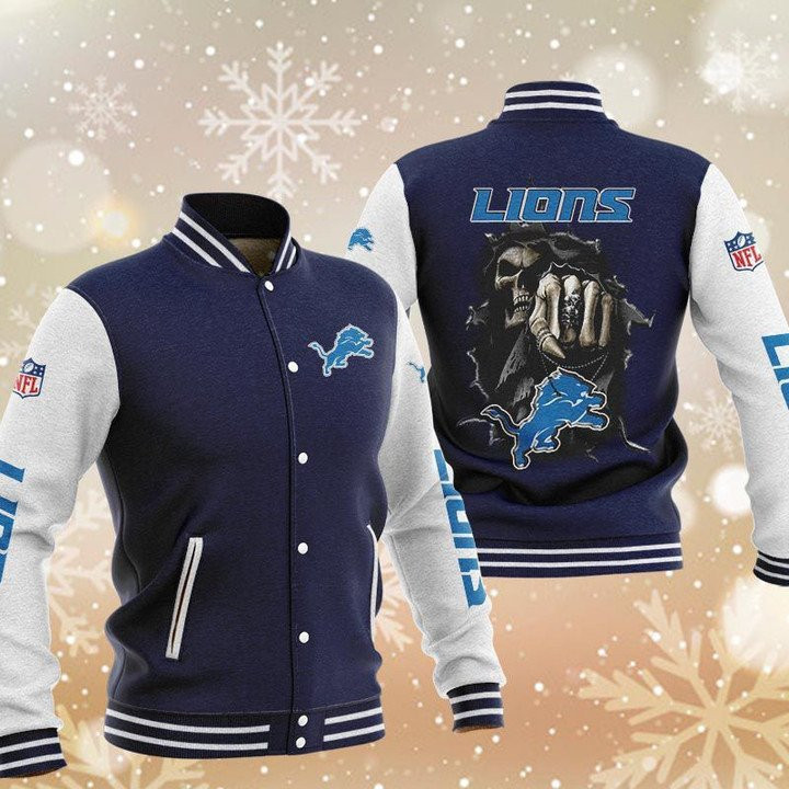 Detroit Lions Skull Varsity Baseball Jacket for Men & Women | NFL Team Fan Gift
