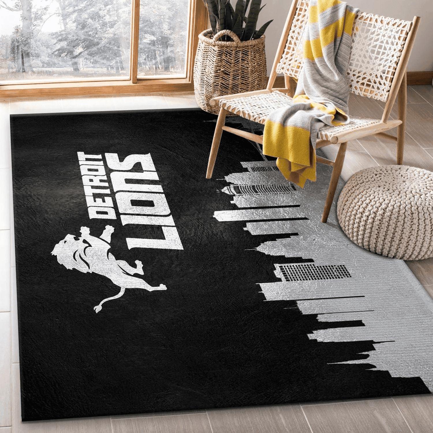 Detroit Lions Skyline Team Logos Rectangle Area Rug – Full Print Carpet For Living Room & Bedroom Home Decor