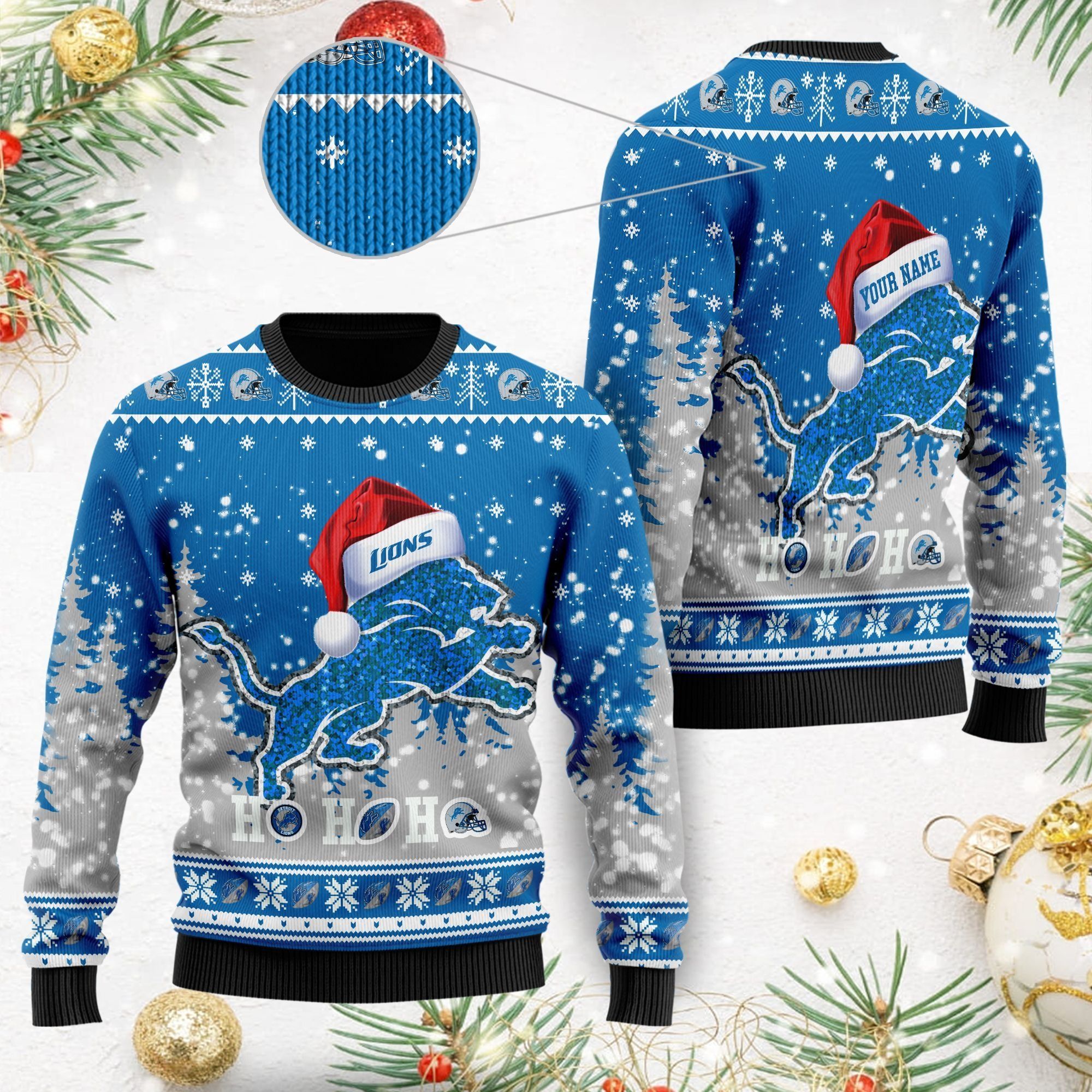 Detroit Lions Symbol Wearing Santa Claus Hat Cute Pattern Ho Ho Ho Custom Personalized Ugly Christmas Sweater For Football Fans On Xmas Party