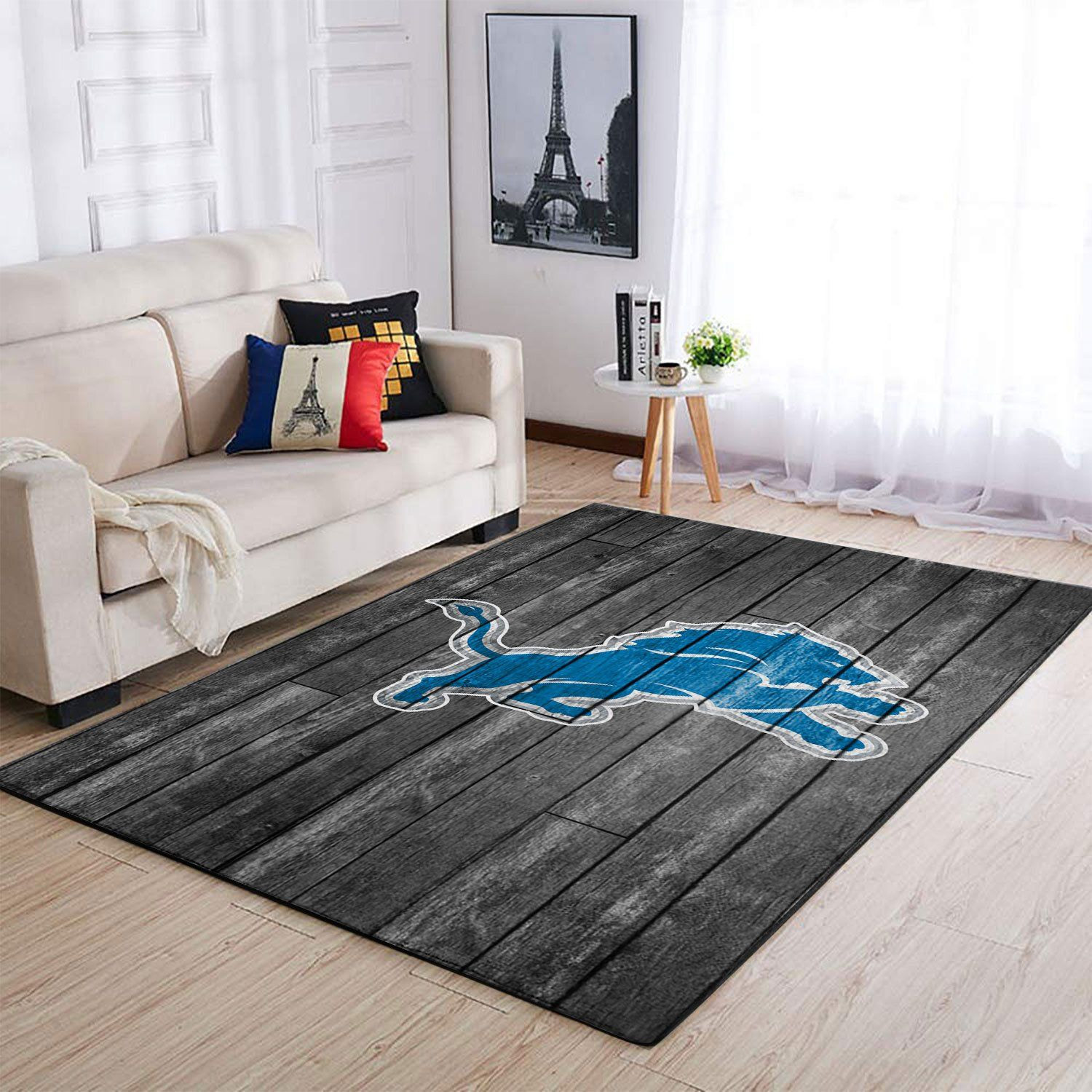 Detroit Lions Team Logo Grey Wooden Rectangle Area Rug – Full Print Carpet For Living Room & Bedroom Home Decor