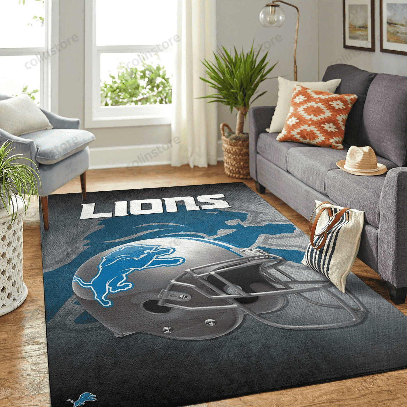 Detroit Lions Team Logo Helmet Rectangle Area Rug – Full Print Carpet For Living Room & Bedroom Home Decor