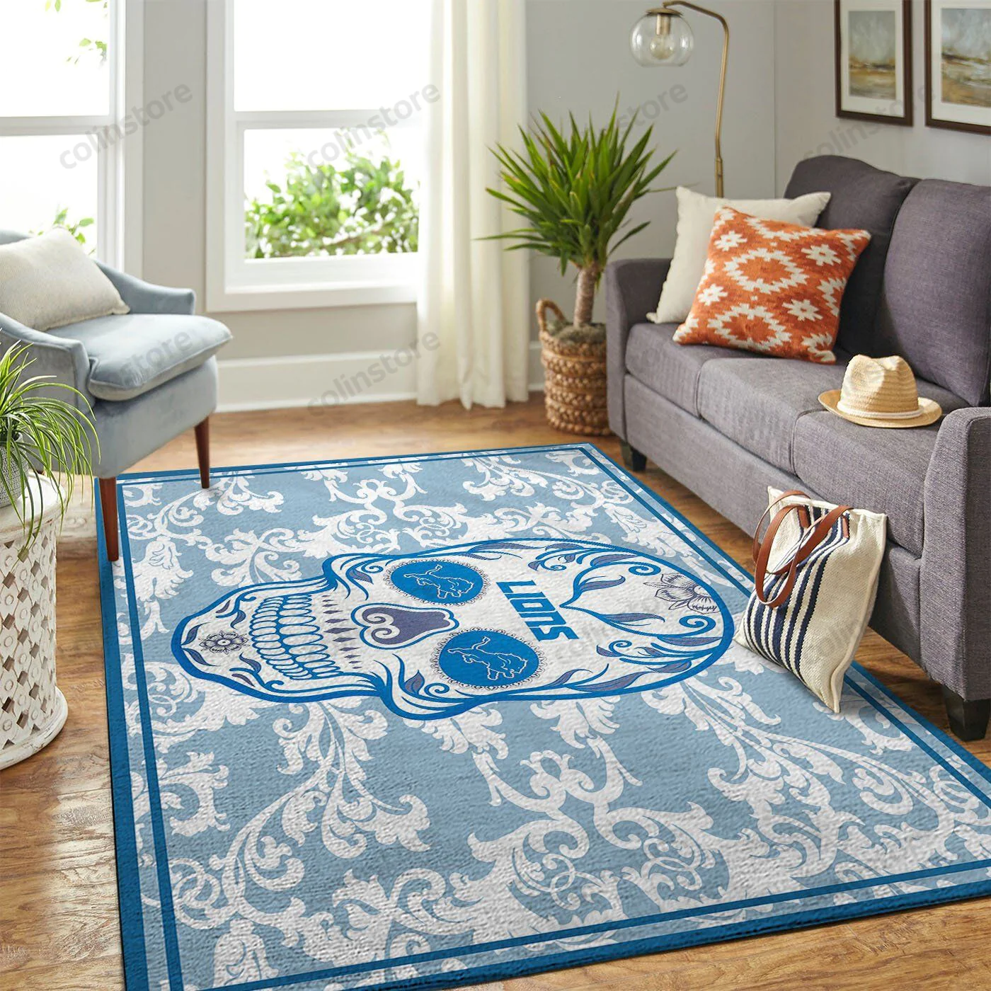 Detroit Lions Team Logo Skull Flower Rectangle Area Rug – Full Print Carpet For Living Room & Bedroom Home Decor