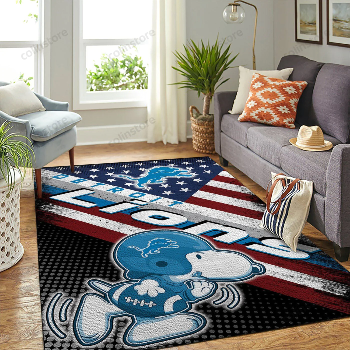 Detroit Lions Team Logo Snoopy Us Rectangle Area Rug – Full Print Carpet For Living Room & Bedroom Home Decor