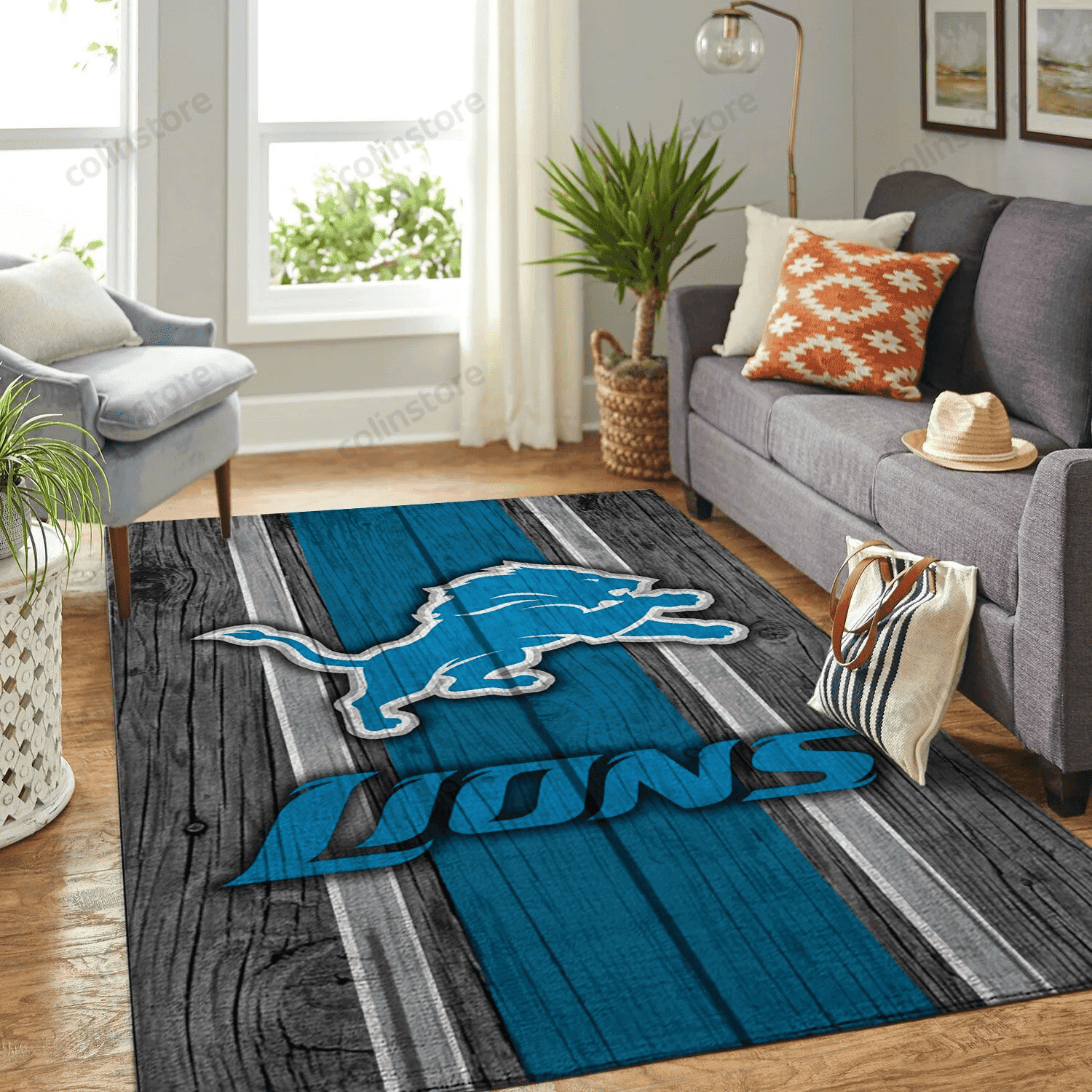 Detroit Lions Team Logo Wooden Rectangle Area Rug – Full Print Carpet For Living Room & Bedroom Home Decor