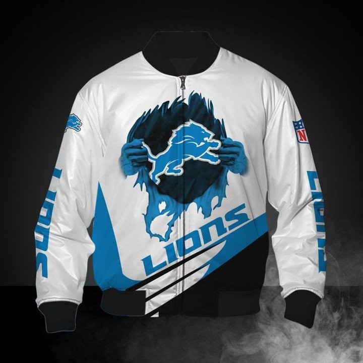 Detroit Lions White Blue Bomber Jacket | NFL Team Jacket for Men & Women | Football Fan Gift