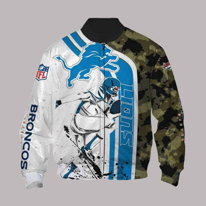 Detroit Lions White Blue Camo Bomber Jacket | NFL Team Jacket for Men & Women | Football Fan Gift