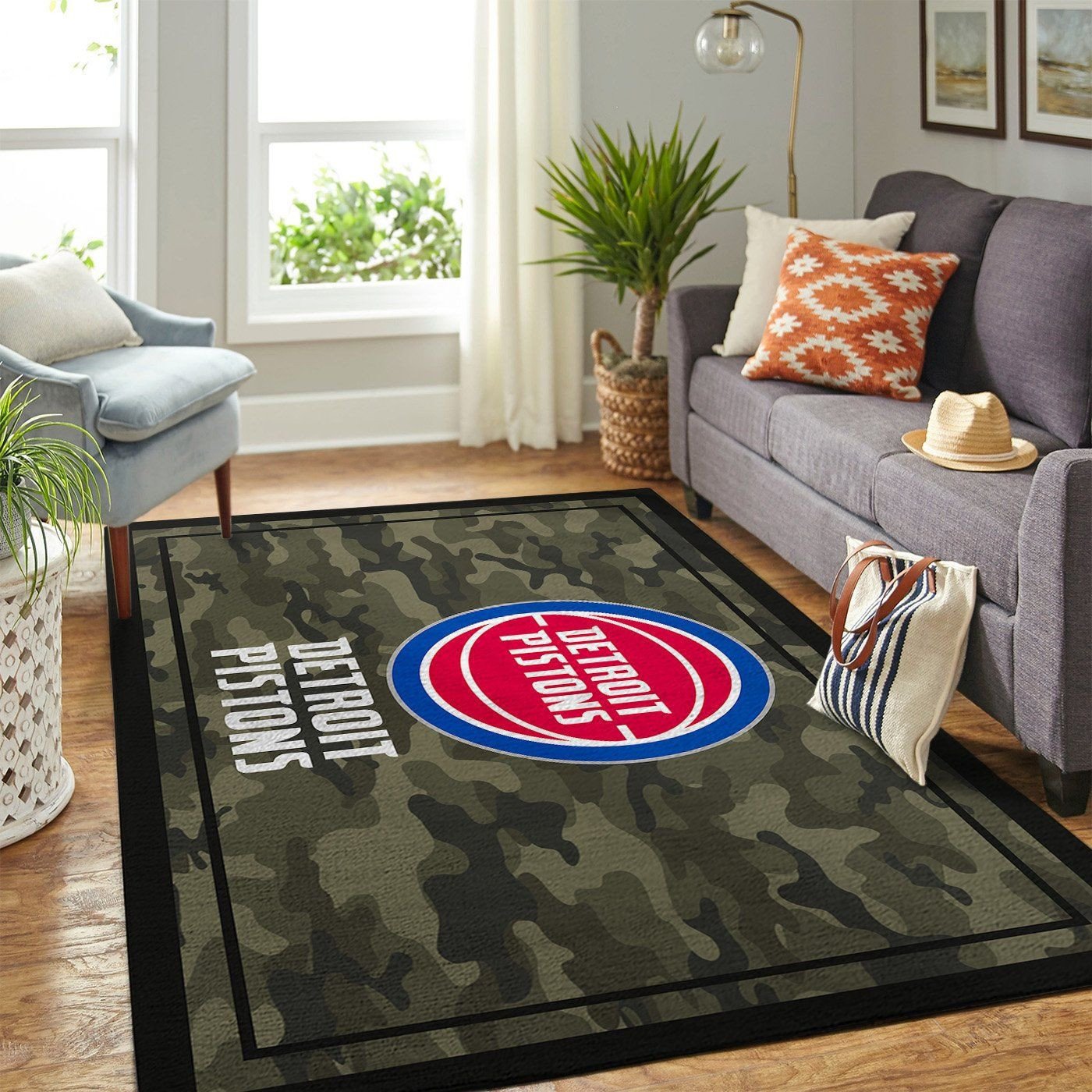 Detroit Pistons Team Logo Camo Rectangle Area Rug – Full Print Carpet For Living Room & Bedroom Home Decor