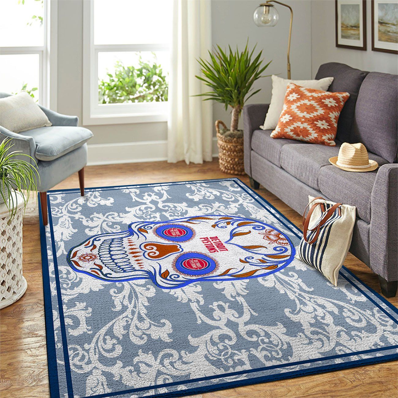 Detroit Pistons Team Logo Skull Flower Rectangle Area Rug – Full Print Carpet For Living Room & Bedroom Home Decor