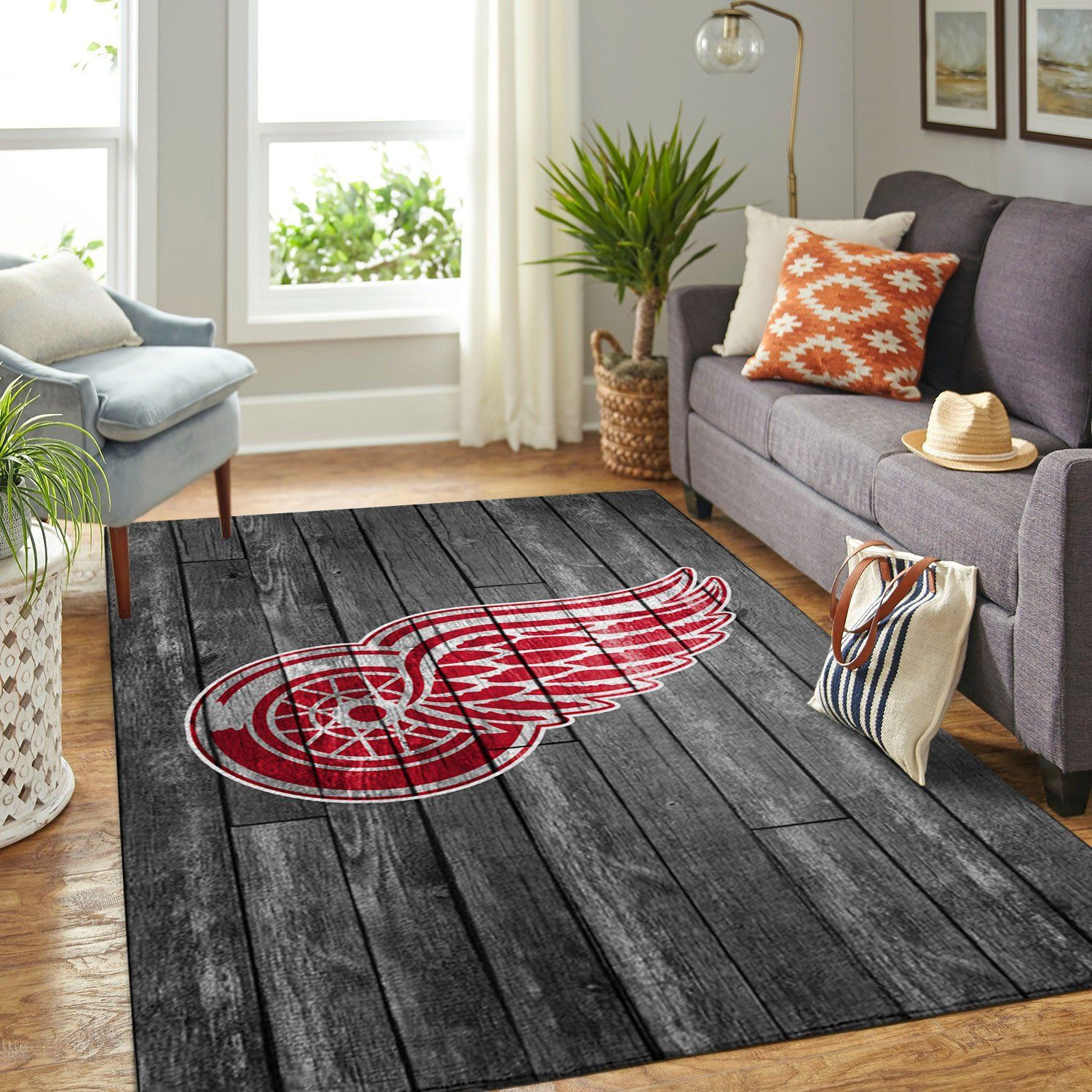 Detroit Red Wings Team Logo Grey Wooden Rectangle Area Rug – Full Print Carpet For Living Room & Bedroom Home Decor
