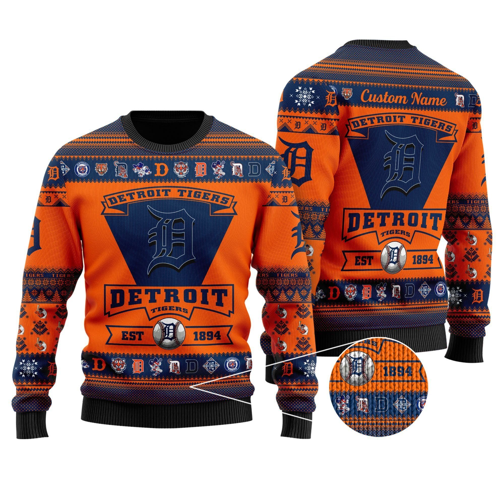 Detroit Tigers Football Team Logo Custom Name Personalized Ugly Christmas Sweater Holiday Party Men Women Plus Size