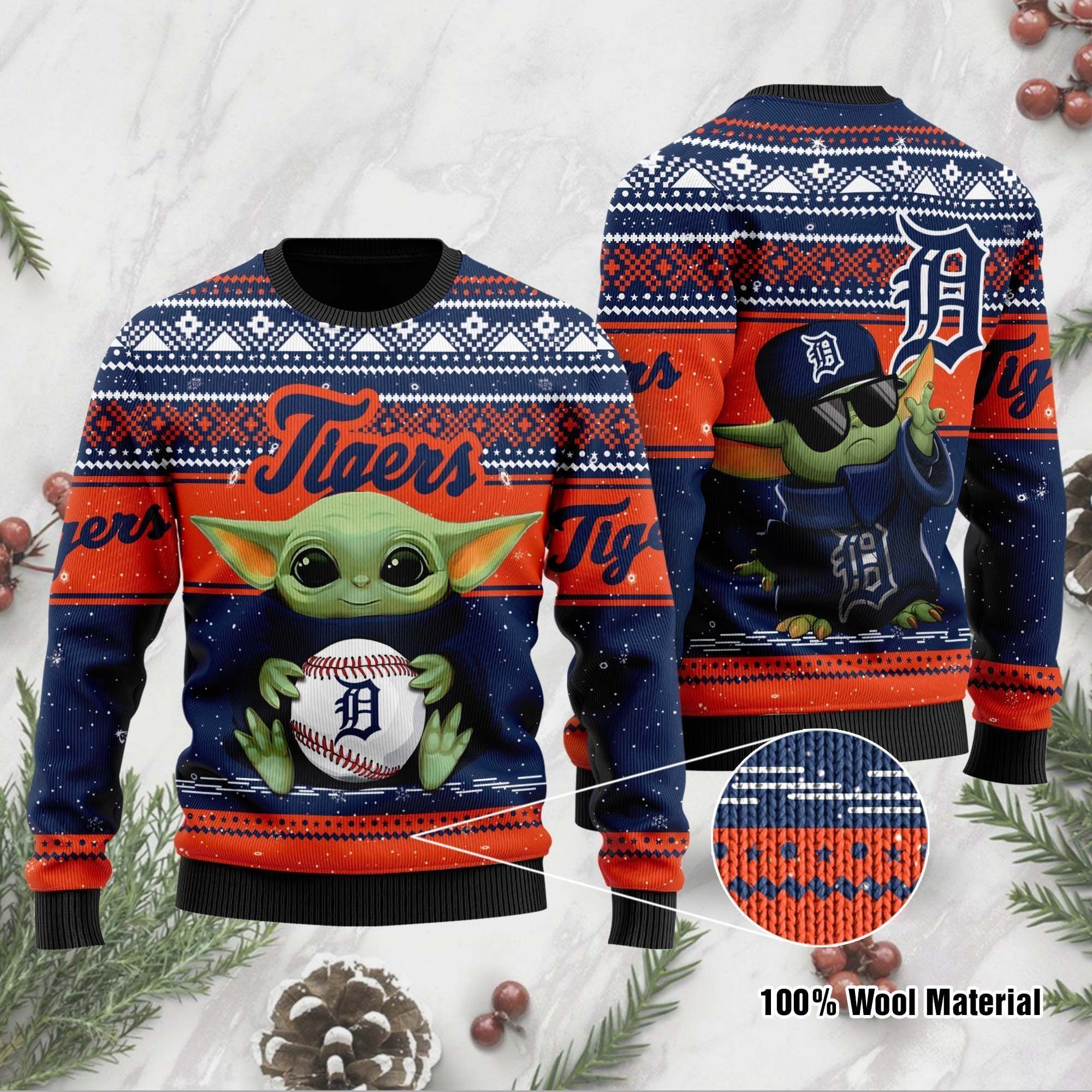 Detroit Tigers Grogu Baby Yoda Hug Logo Ugly Christmas Sweater Party