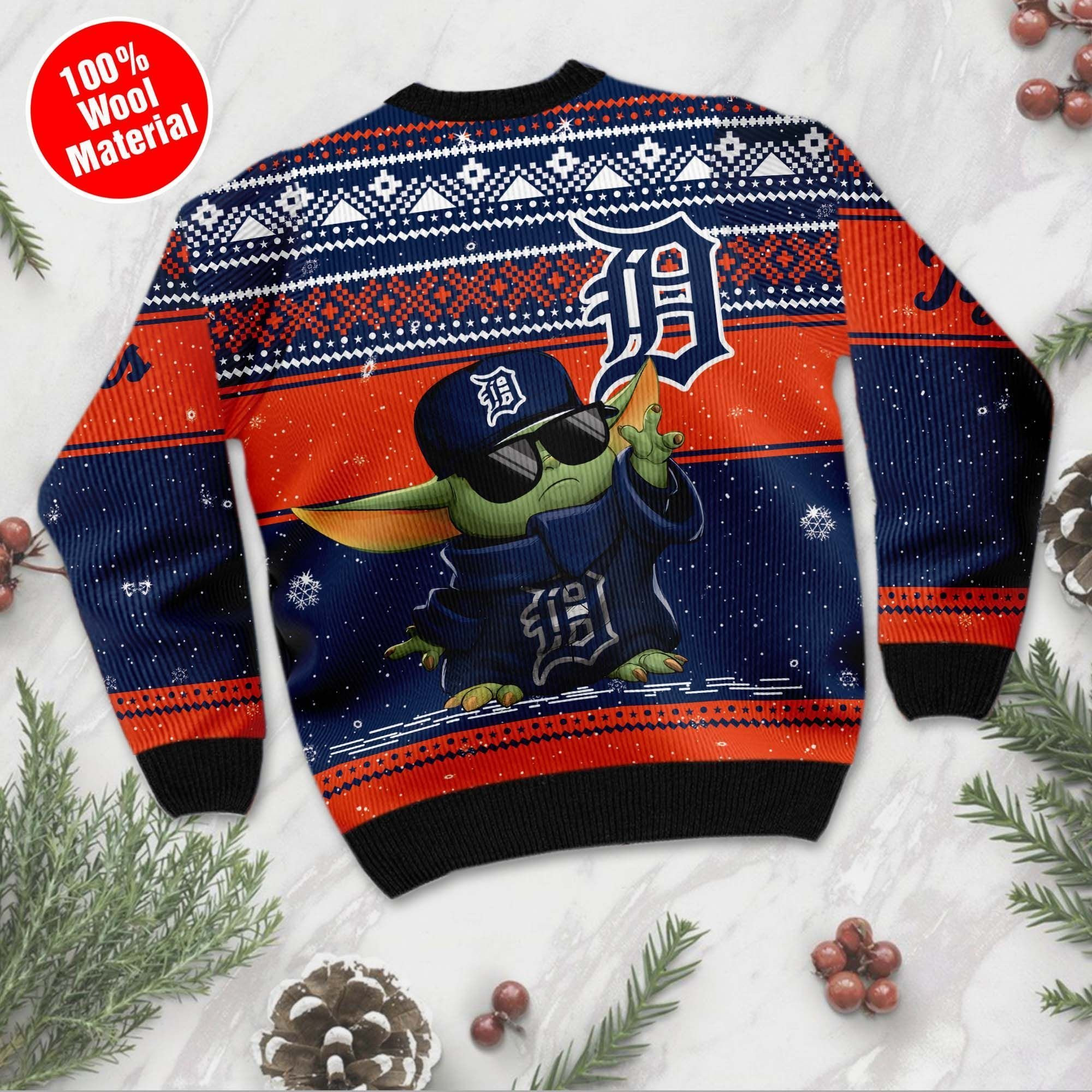 Detroit Tigers Grogu Baby Yoda Hug Logo Ugly Christmas Sweater, Perfect Holiday Gift - Image 3