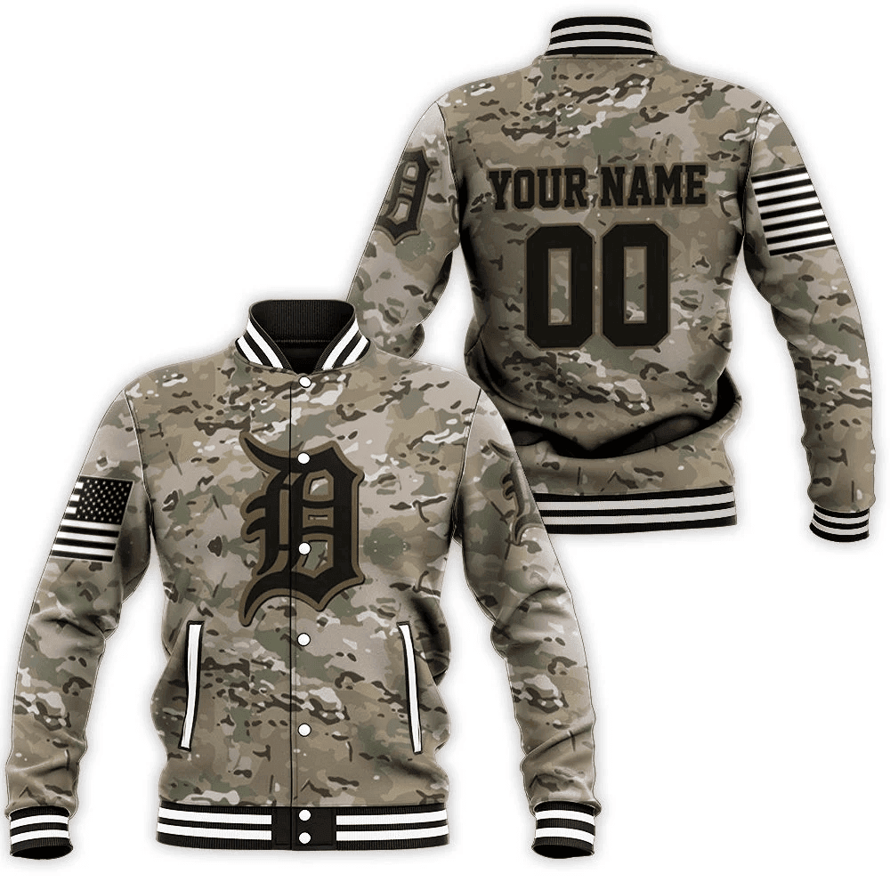 Detroit Tigers Personalized Name Number Camo Varsity Baseball Jacket for Men & Women | MLB Team Fan Gift