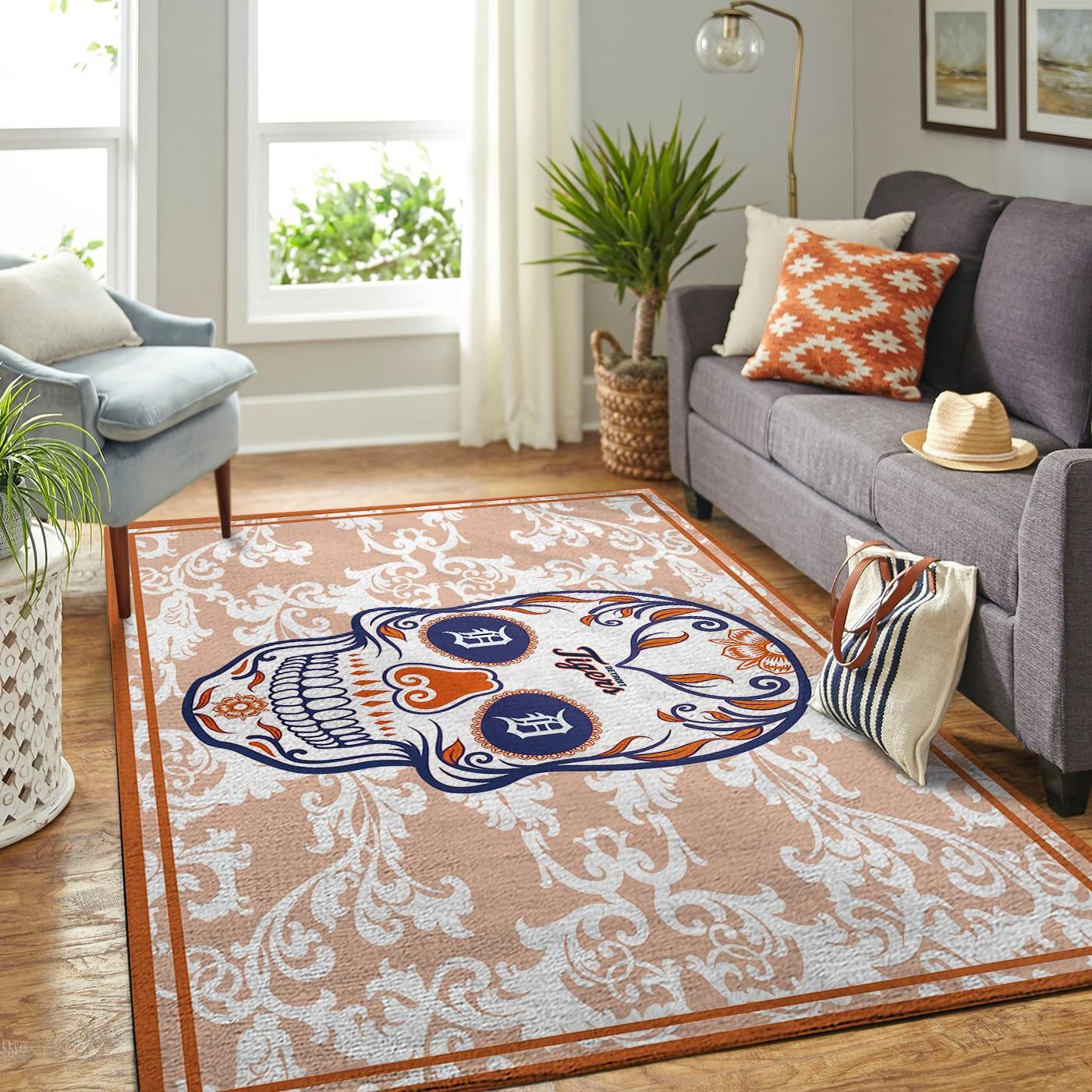 Detroit Tigers Team Logo Skull Rectangle Area Rug – Full Print Carpet For Living Room & Bedroom Home Decor