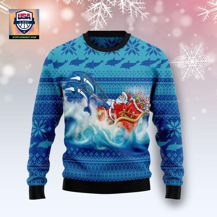 Dolphin Riding The Waves With Santa Ugly Christmas Sweater