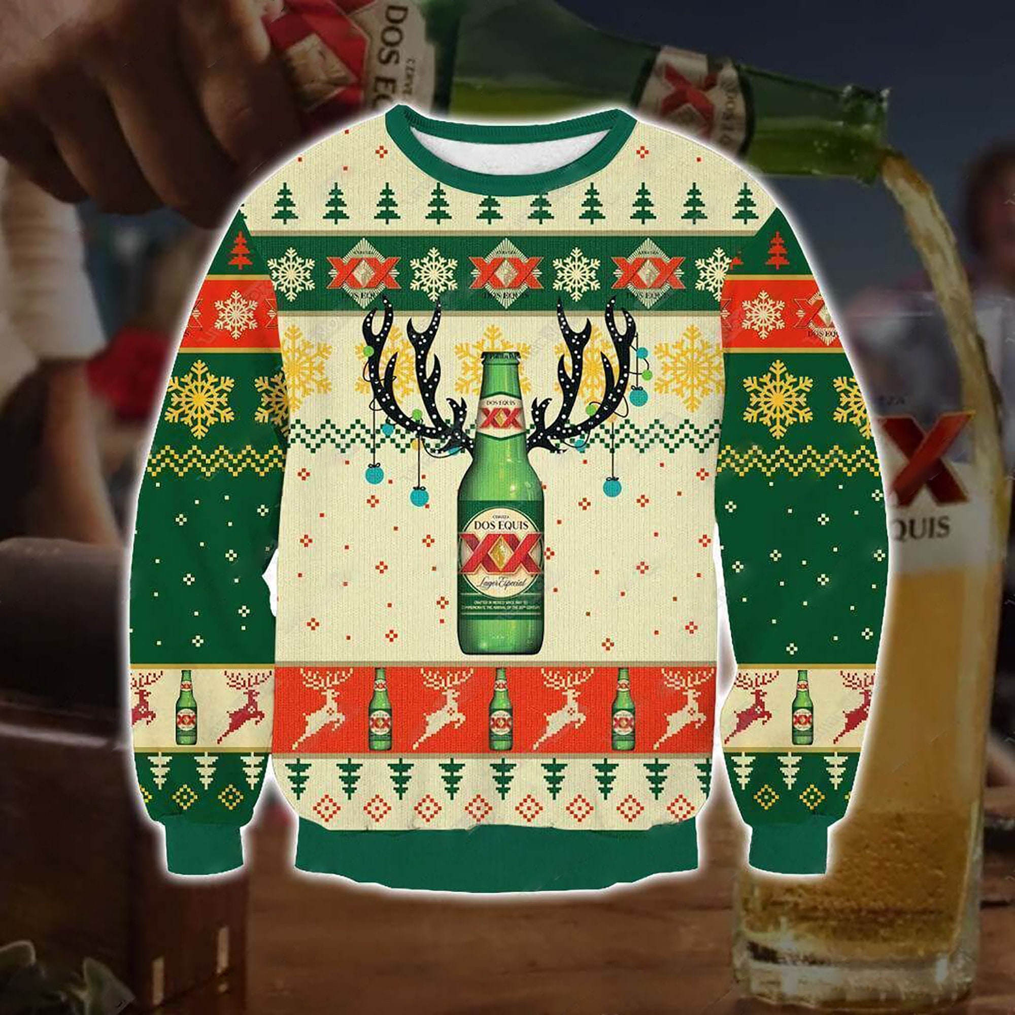 Dos Equis Reinbeer Print Ugly Christmas Sweater