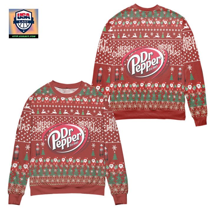 Dr Pepper Reindeer Pine Tree Pattern Ugly Christmas Sweater Red