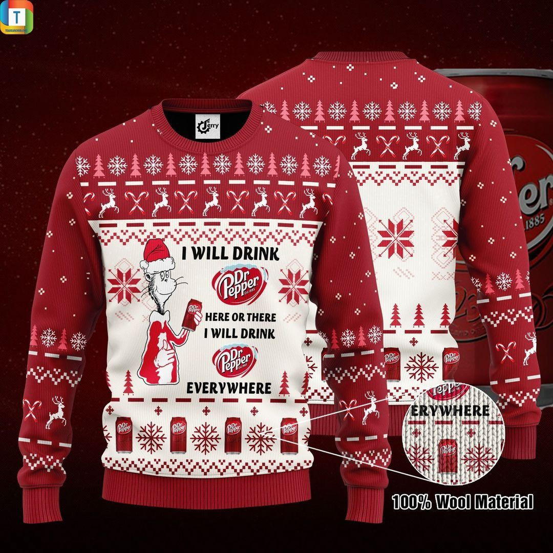 Dr Seuss I Will Drink Dr Pepper Here Or There Ugly Christmas Sweater,