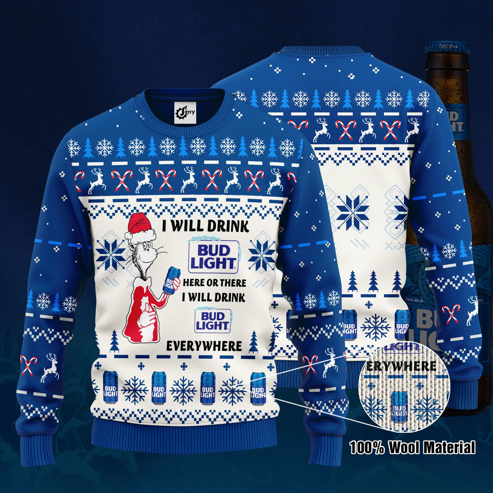 Dr. Seuss I Will Drink Bud Light Here Or There Ugly Christmas Sweater