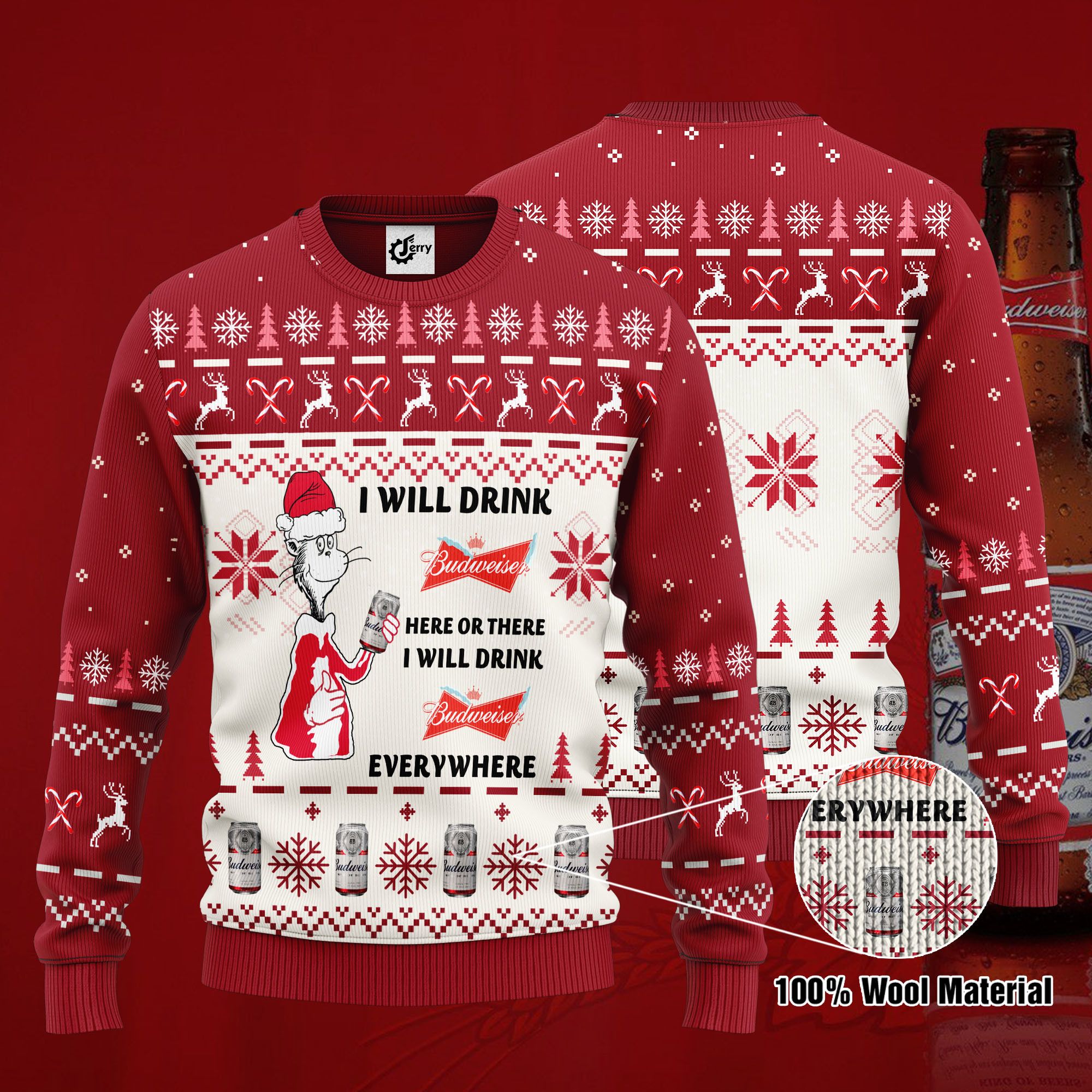 Dr. Seuss I Will Drink Budweiser Here Or There Ugly Christmas Sweater