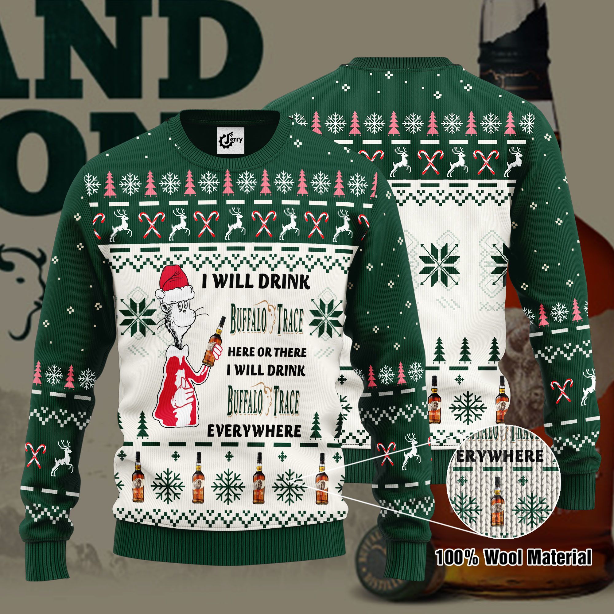 Dr. Seuss I Will Drink Buffalo Trace Here Or There Ugly Christmas Sweater