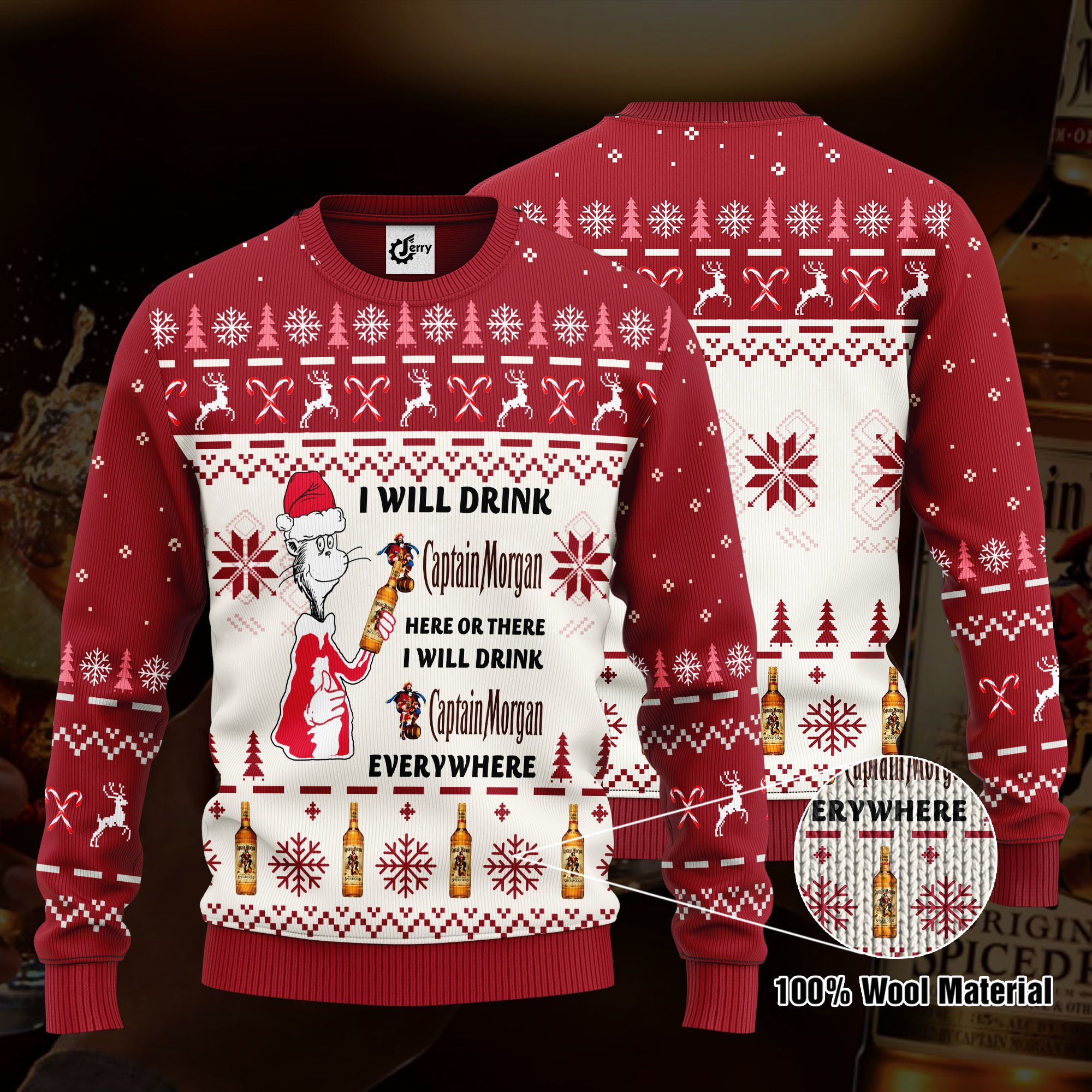 Dr. Seuss I Will Drink Captain Morgan Here Or There Ugly Christmas Sweater