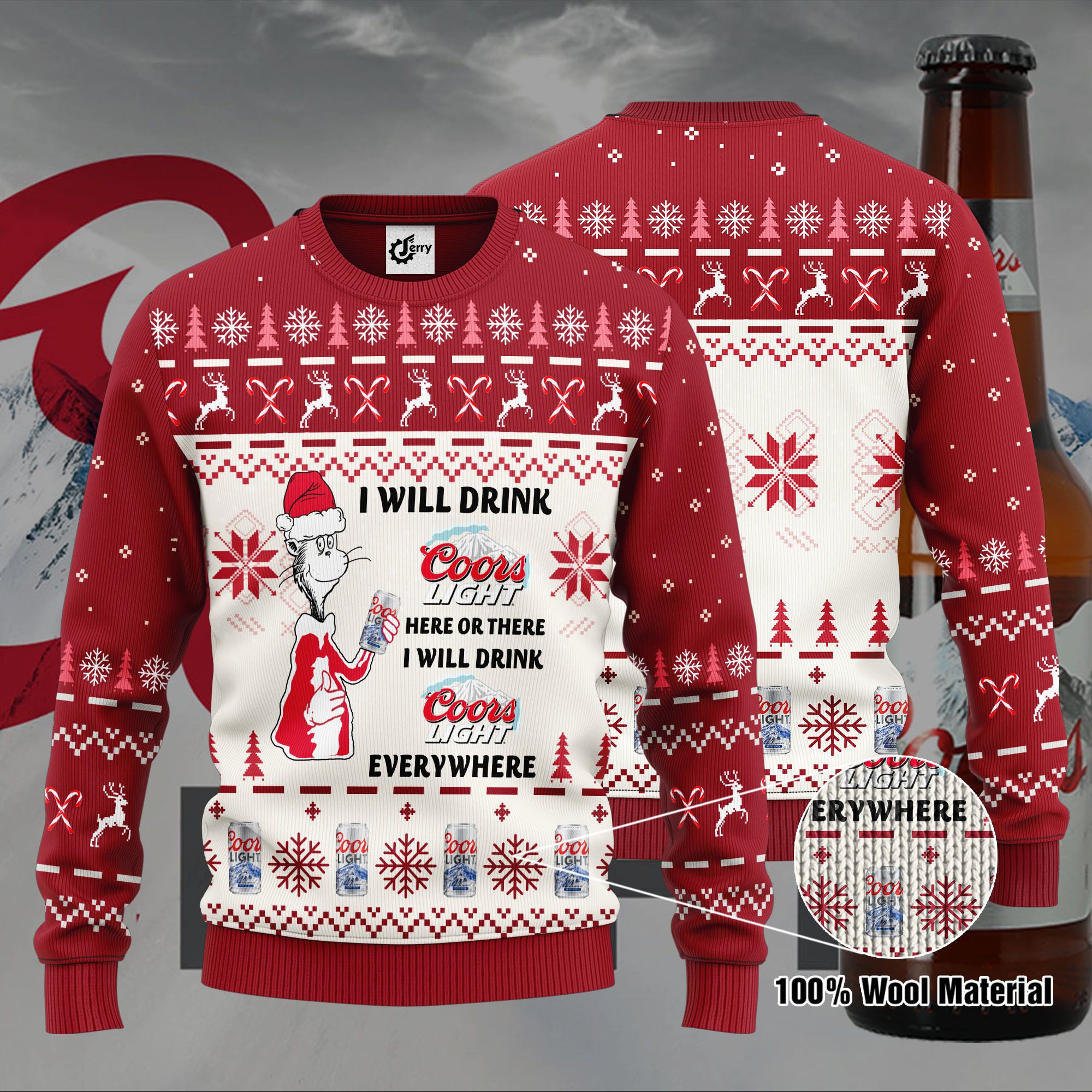 Dr. Seuss I Will Drink Coors Light Here Or There Ugly Christmas Sweater
