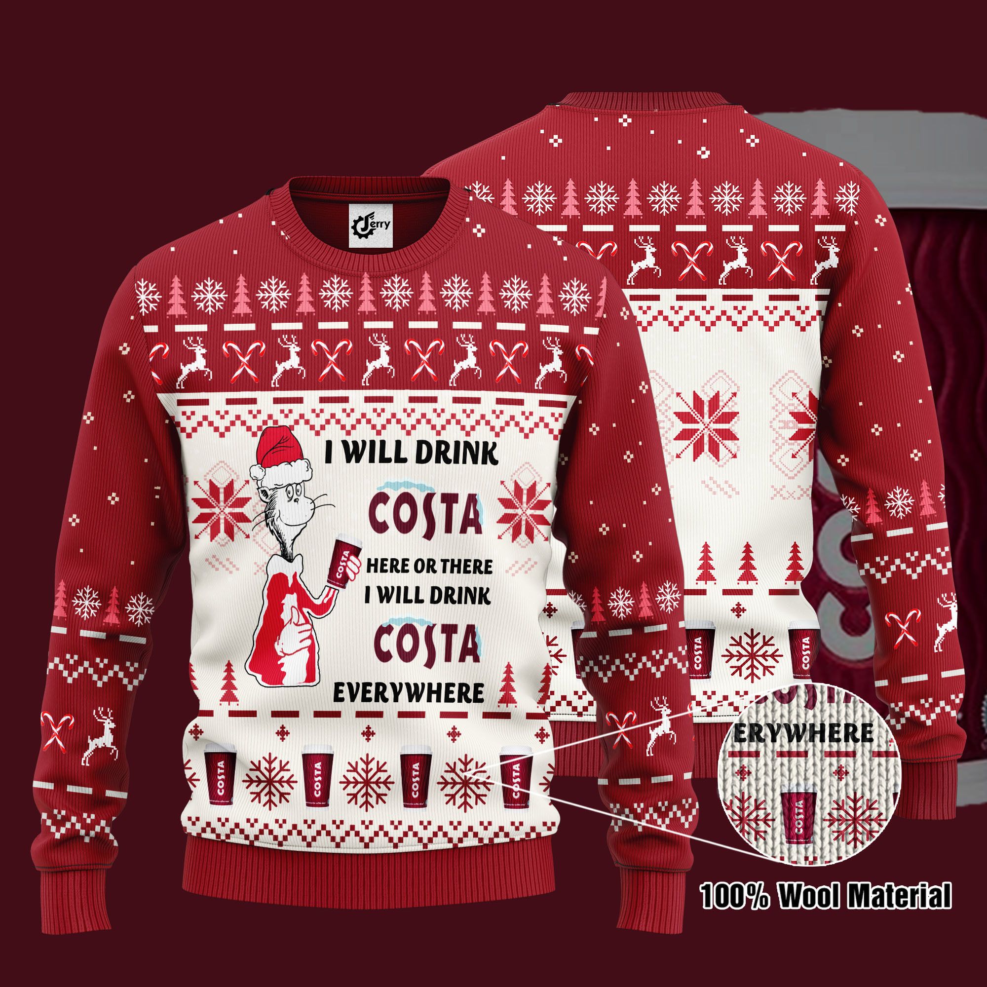 Dr. Seuss I Will Drink Costa Here Or There Ugly Christmas Sweater