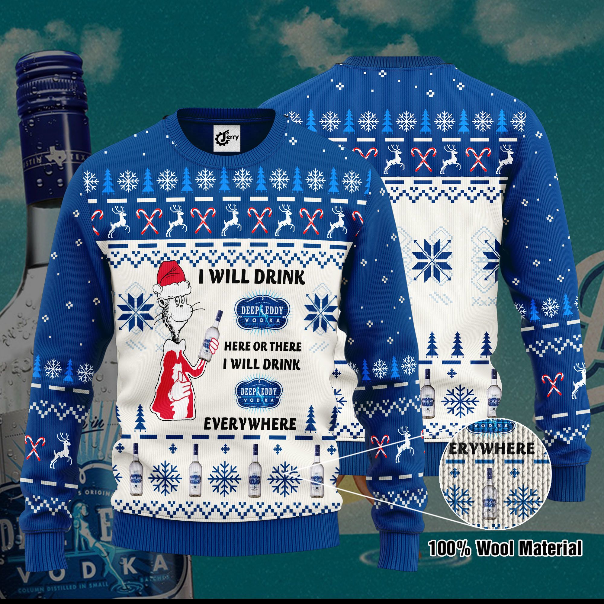 Dr. Seuss I Will Drink Deep Eddy Vodka Here Or There Ugly Christmas Sweater