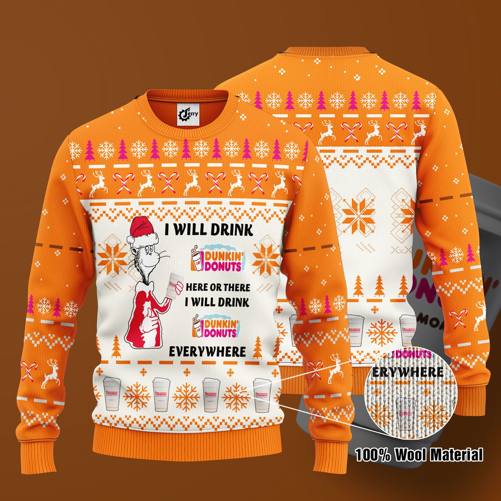 Dr. Seuss I Will Drink Dunkin' Donuts Here Or There Ugly Christmas Sweater