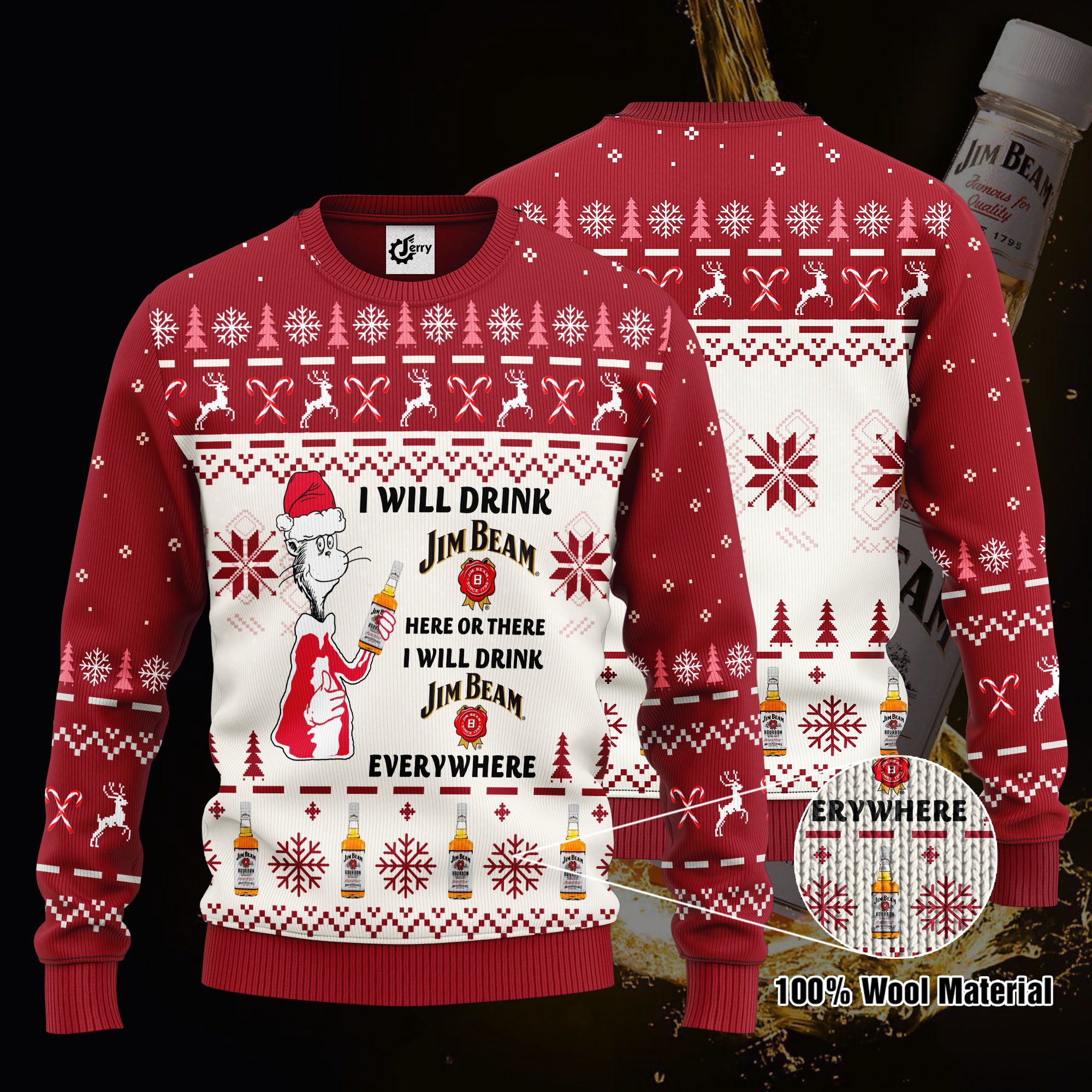Dr. Seuss I Will Drink Jim Beam Here Or There Ugly Christmas Sweater