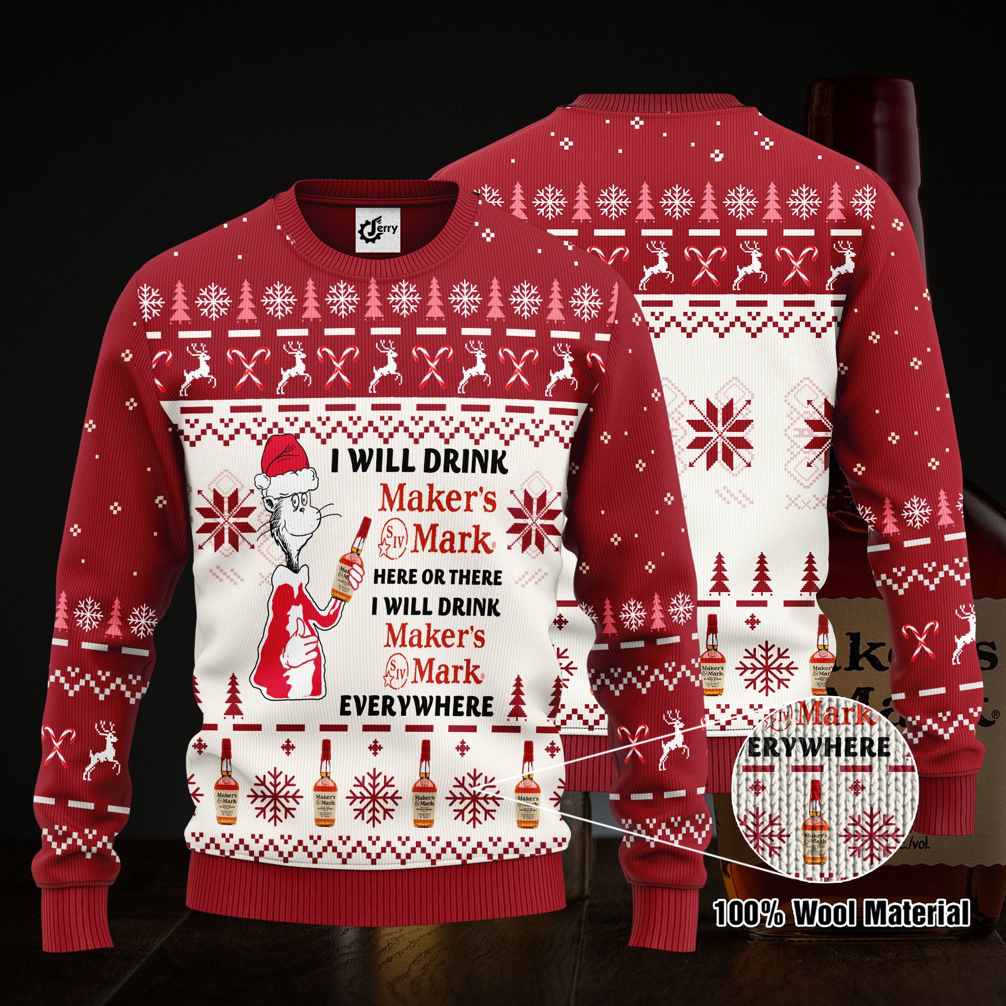 Dr. Seuss I Will Drink Maker'S Mark Here Or There Ugly Christmas Sweater