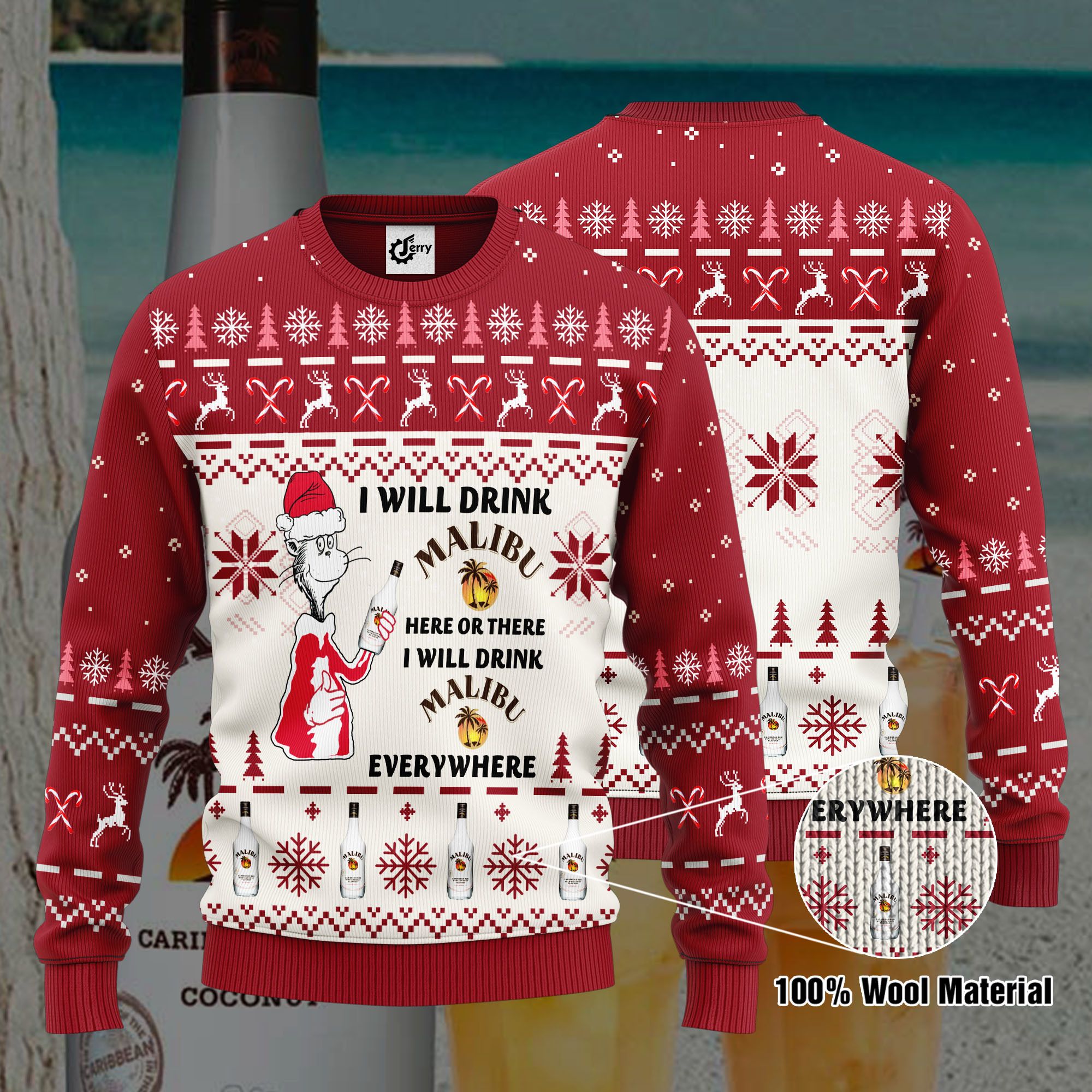 Dr. Seuss I Will Drink Malibu Rum Here Or There Ugly Christmas Sweater