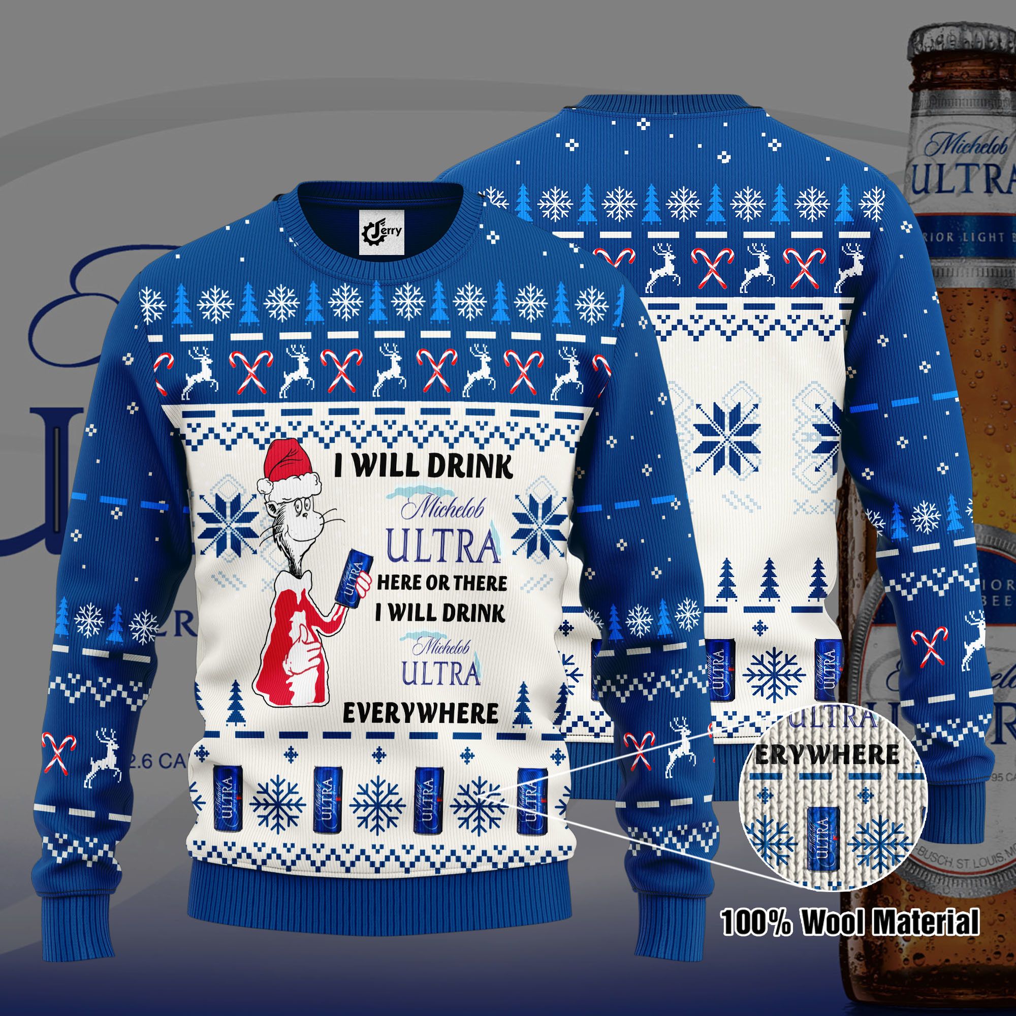 Dr. Seuss I Will Drink Michelob Ultra Here Or There Ugly Christmas Sweater