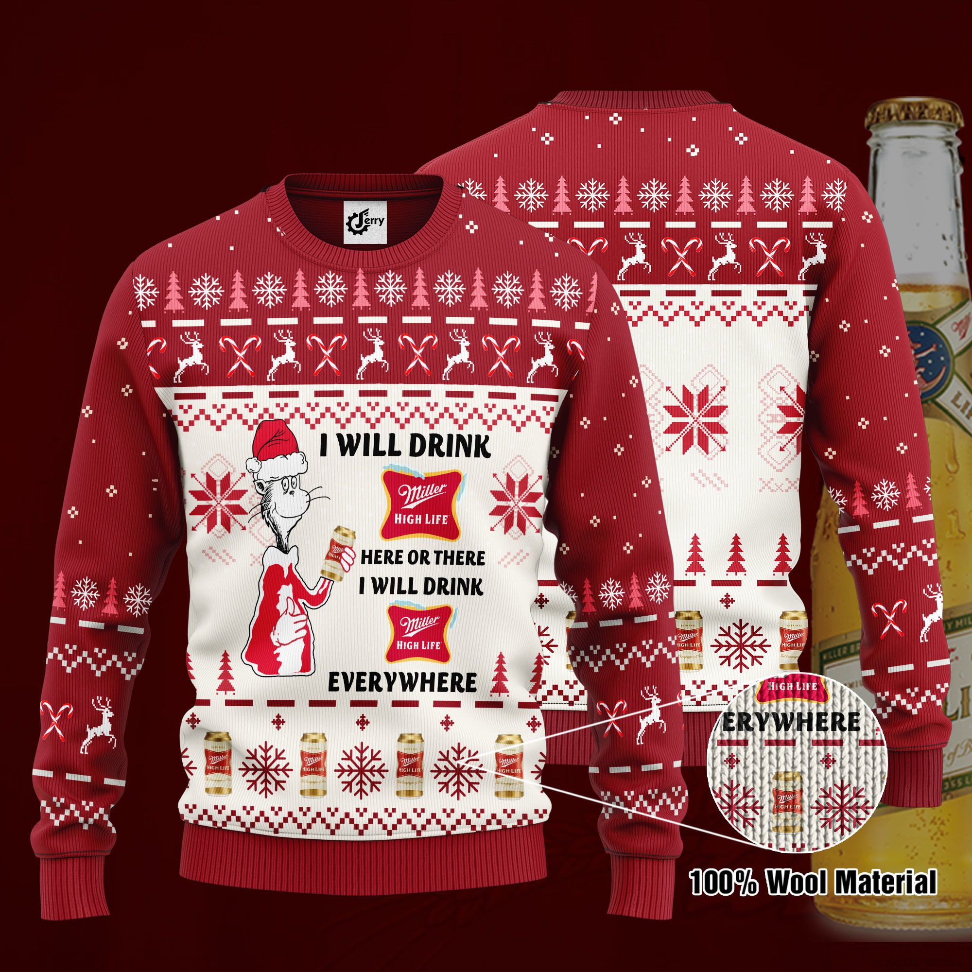 Dr. Seuss I Will Drink Miller High Life Here Or There Ugly Christmas Sweater