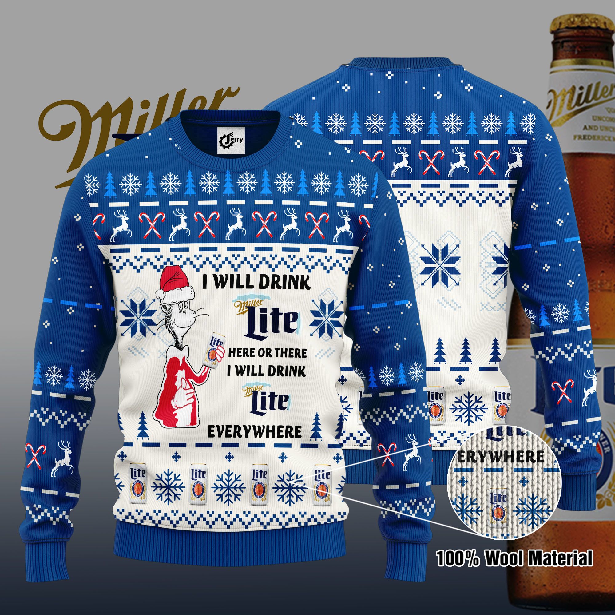 Dr. Seuss I Will Drink Miller Lite Here Or There Ugly Christmas Sweater