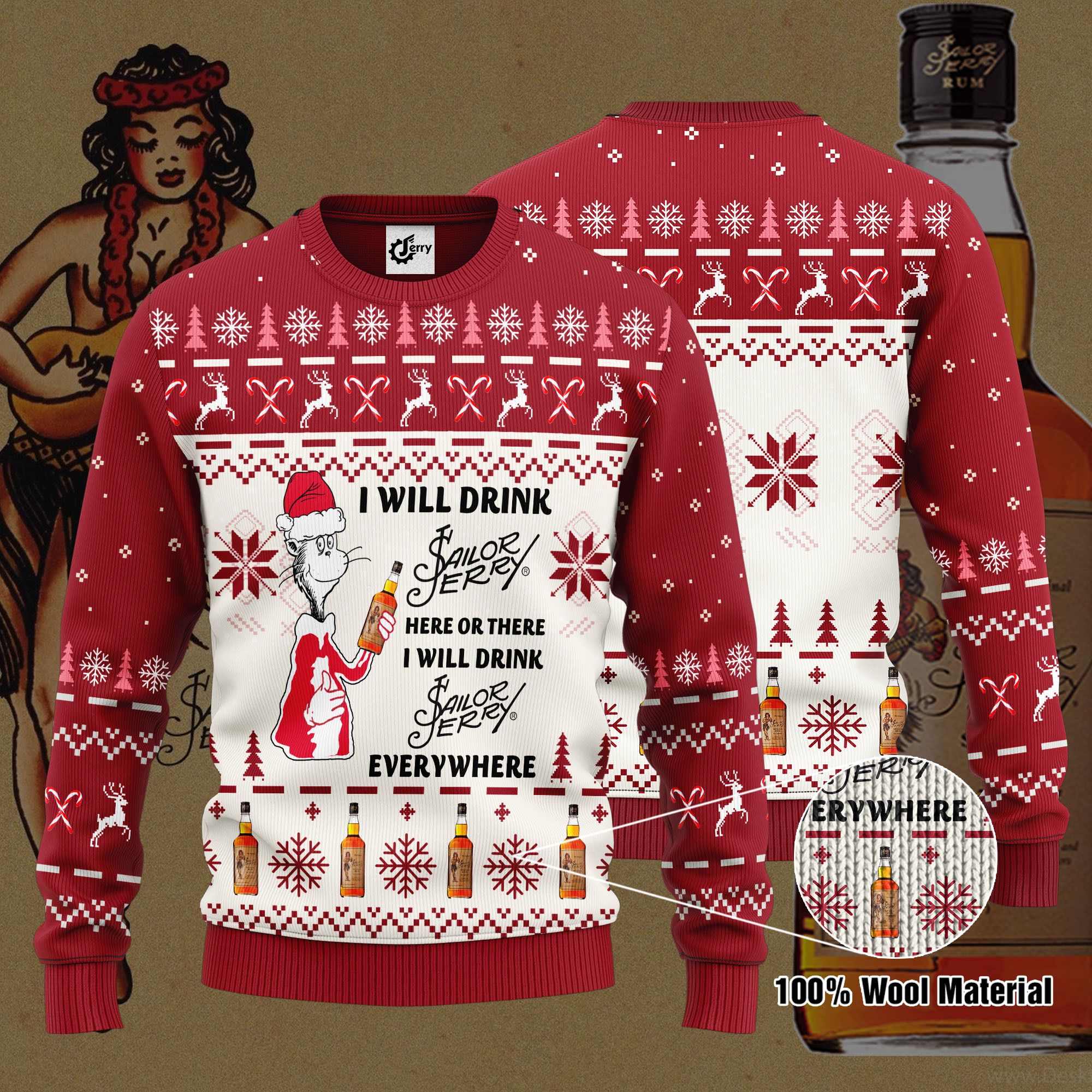 Dr. Seuss I Will Drink Sailor Jerry Here Or There Ugly Christmas Sweater
