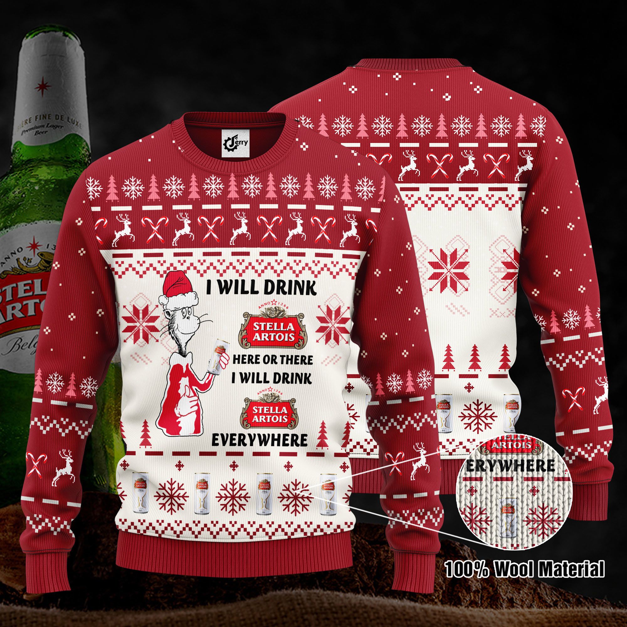 Dr. Seuss I Will Drink Stella Artois Here Or There Ugly Christmas Sweater