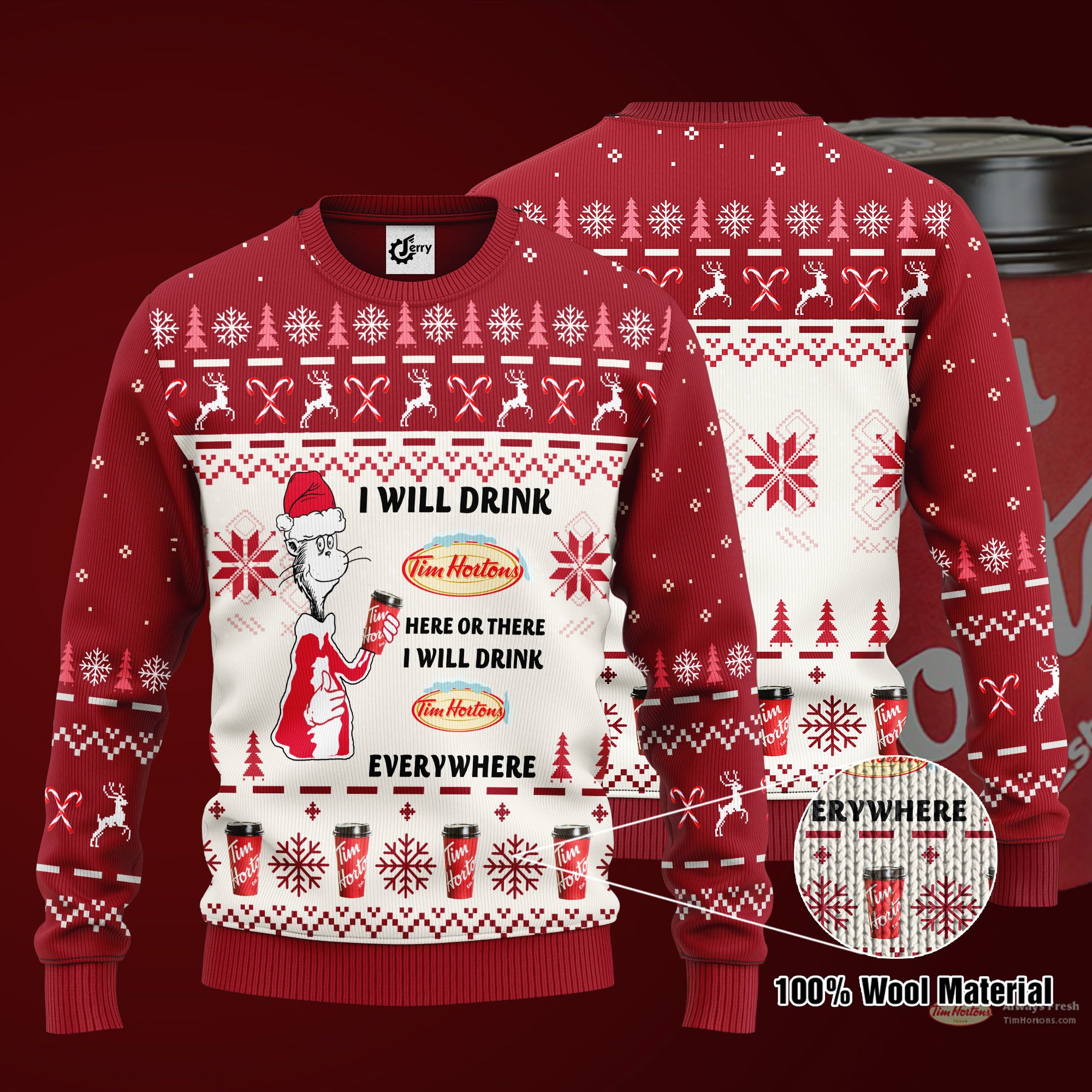 Dr. Seuss I Will Drink Tim Hortons Here Or There Ugly Christmas Sweater