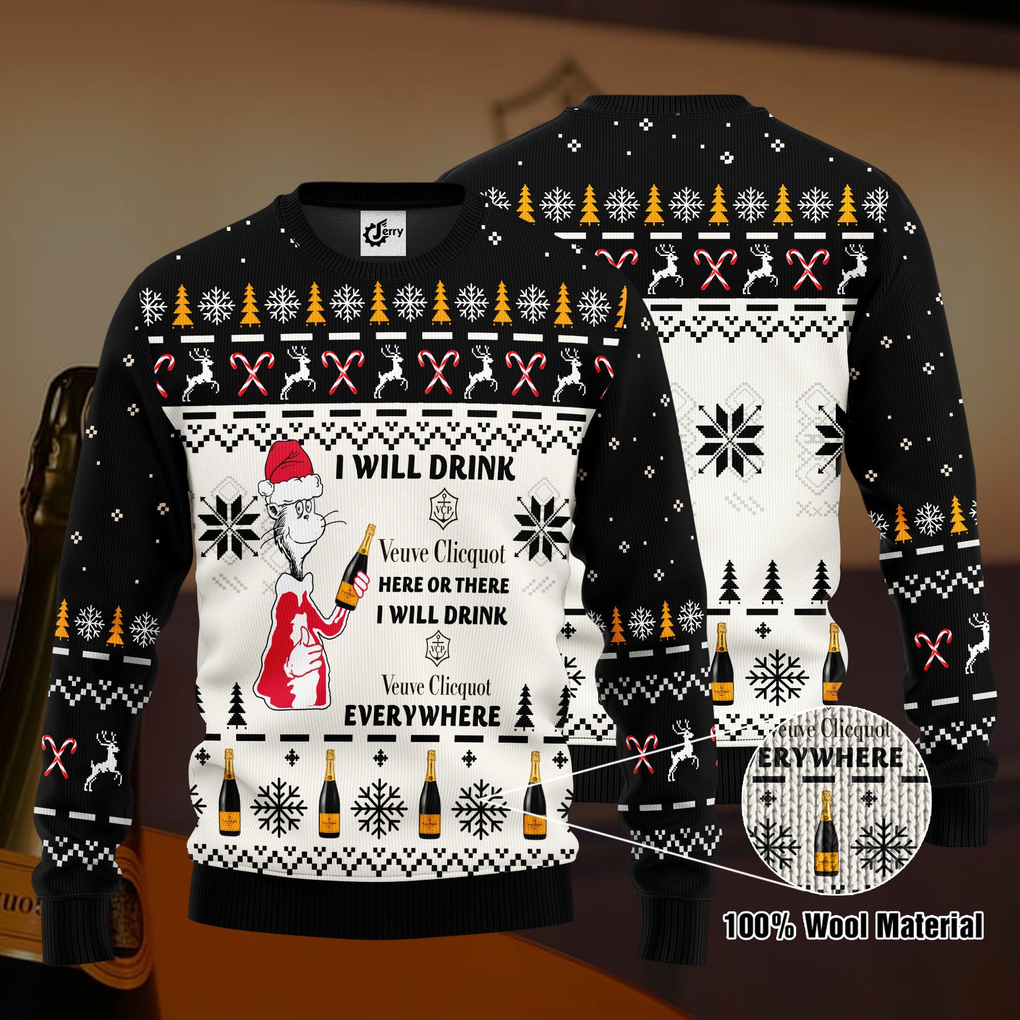 Dr. Seuss I Will Drink Veuve Clicquot Here Or There Ugly Christmas Sweater