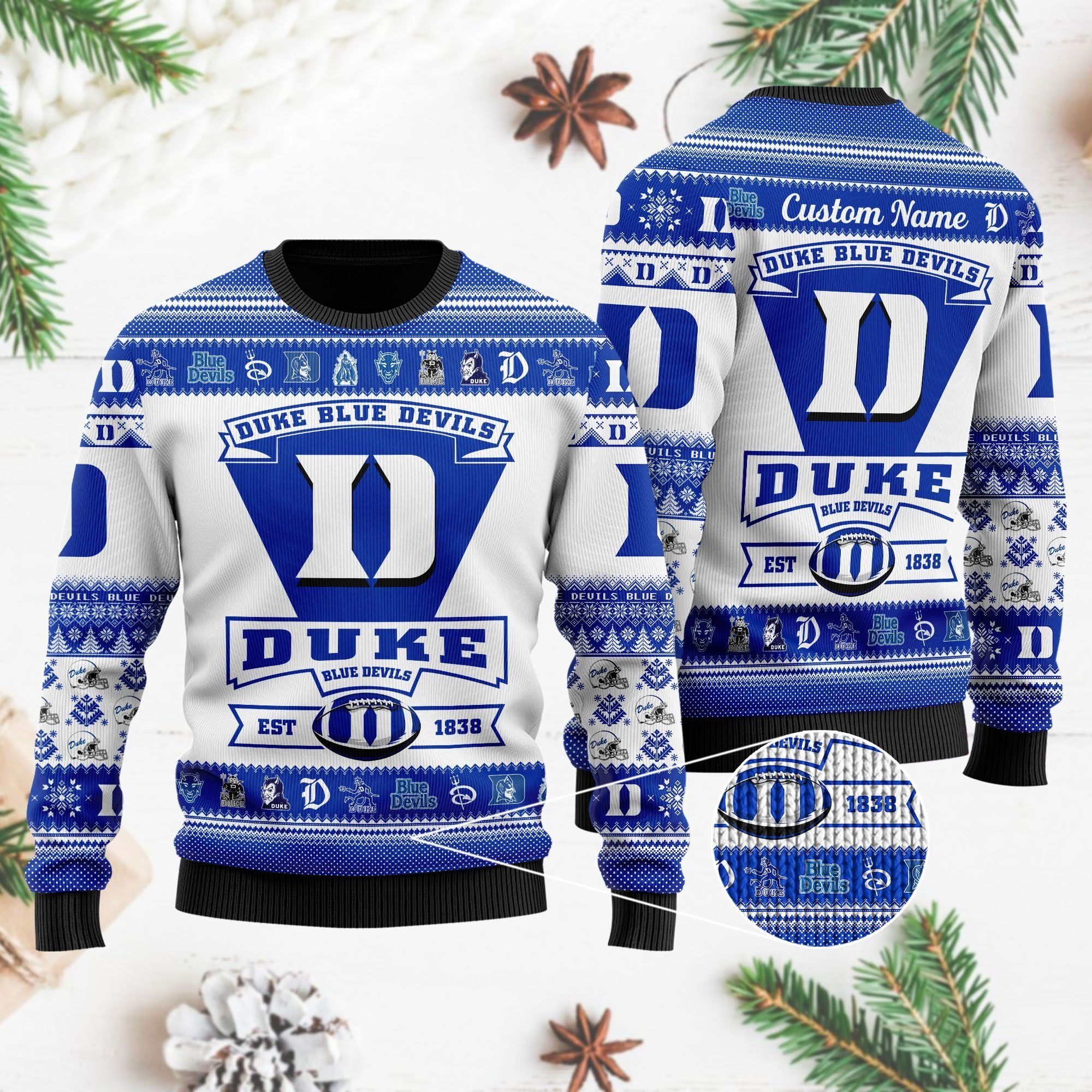 Duke Blue Devils Football Team Logo Custom Name Personalized Ugly Christmas Sweater Holiday Party Men Women Plus Size