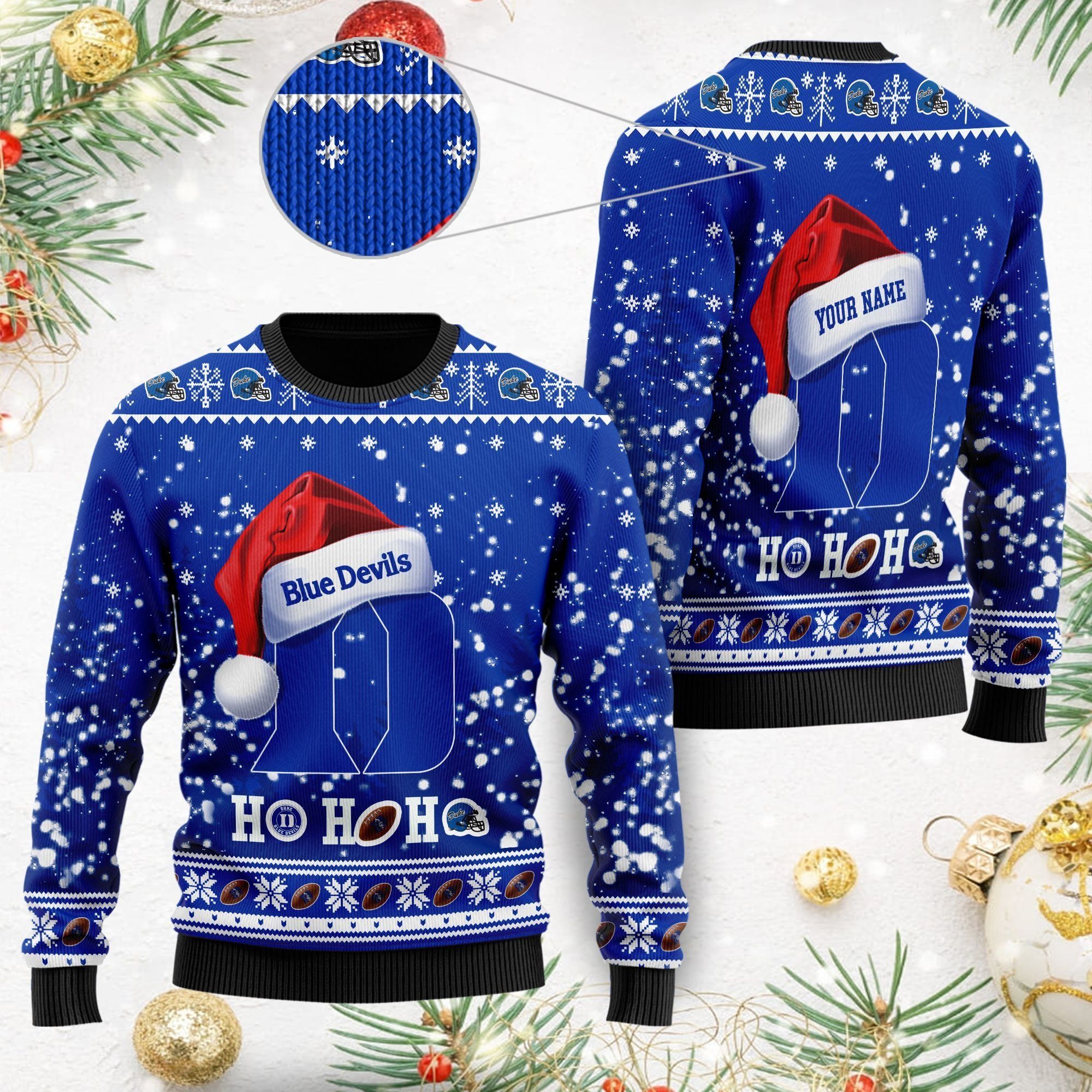 Duke Blue Devils NCAA Symbol Wearing Santa Claus Hat Cute Pattern Ho Ho Ho Custom Personalized Ugly Christmas Sweater For Football Fans On Xmas Party