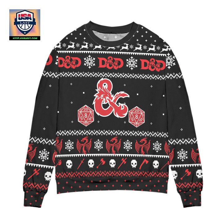 Dungeons And Dragons Dice Snowflake Pattern Ugly Christmas Sweater Black